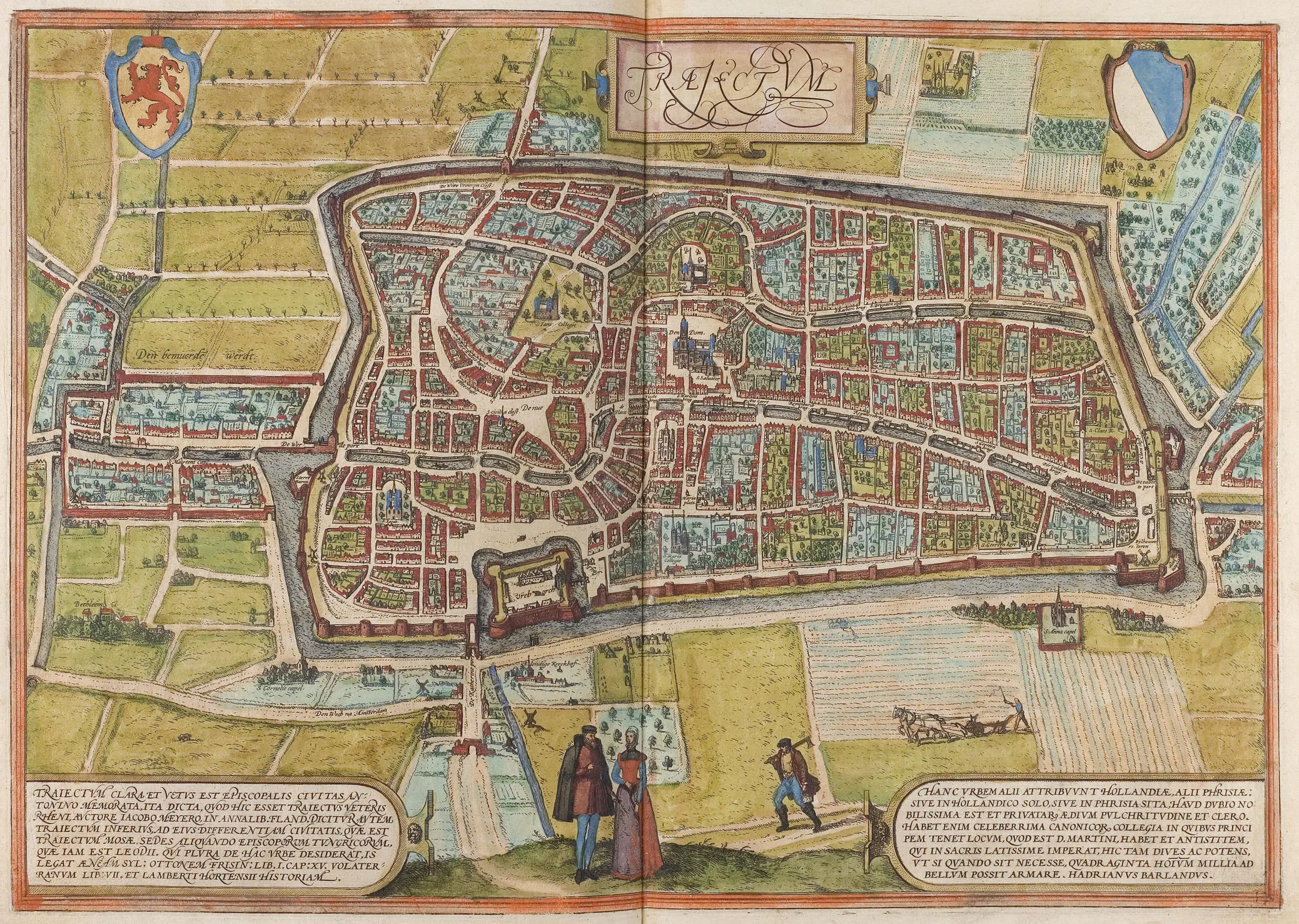An early modern bird’s-eye view of Utrecht renders the city named in the oration’s imprint, “Trajecti ad Rhenum,” as a dense civic landscape. This is the free city whose dignity, in the speech and its memorial verses, frames academic mourning and earns the title of a new Rome.