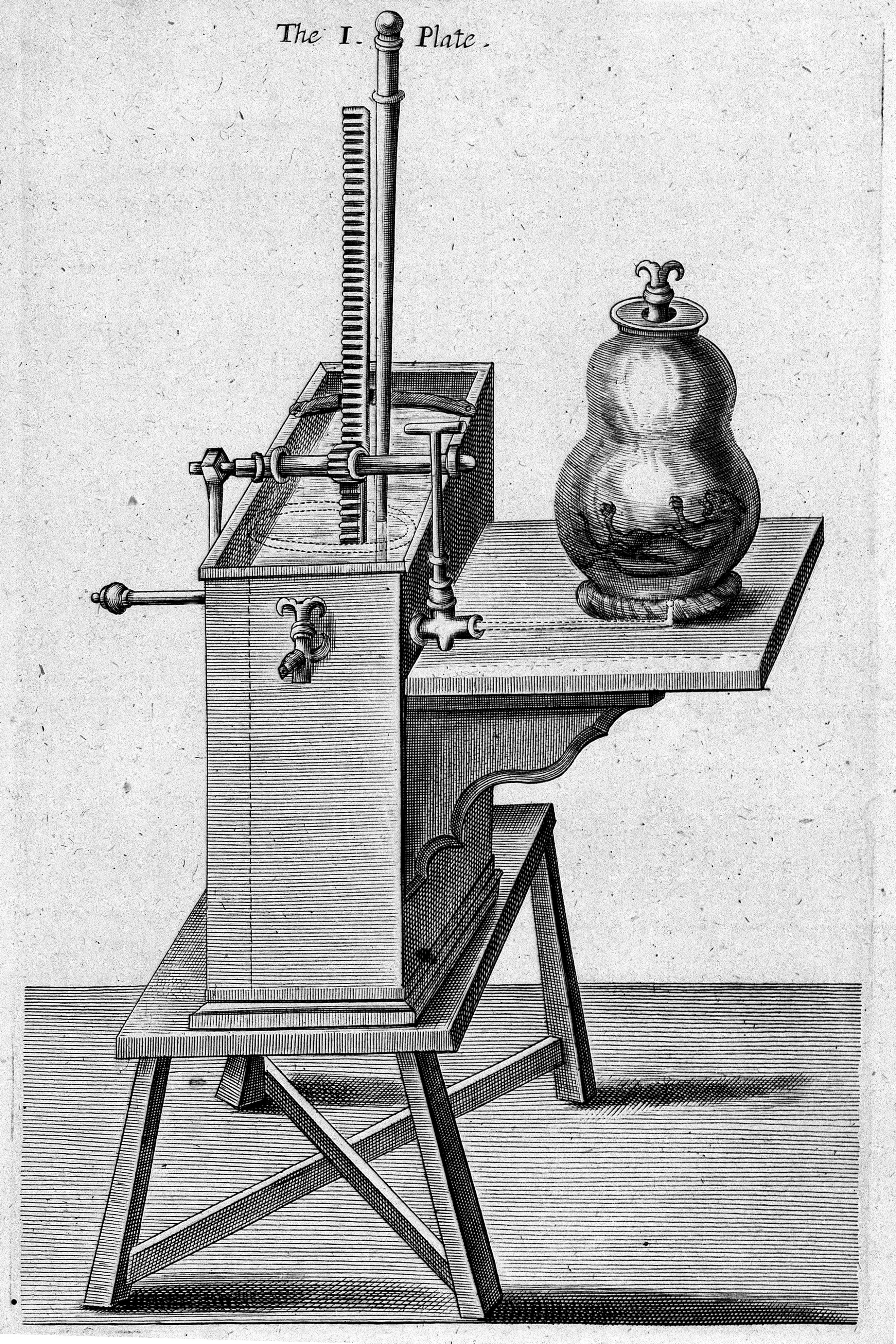 An engraving of Robert Boyle's second air-pump (Wellcome M0010431) represents the English pneumatic programme that Book II both admired and scrutinized, praising Boyle's witnessed procedure while judging Guericke's Magdeburg apparatus the more perfect machine.