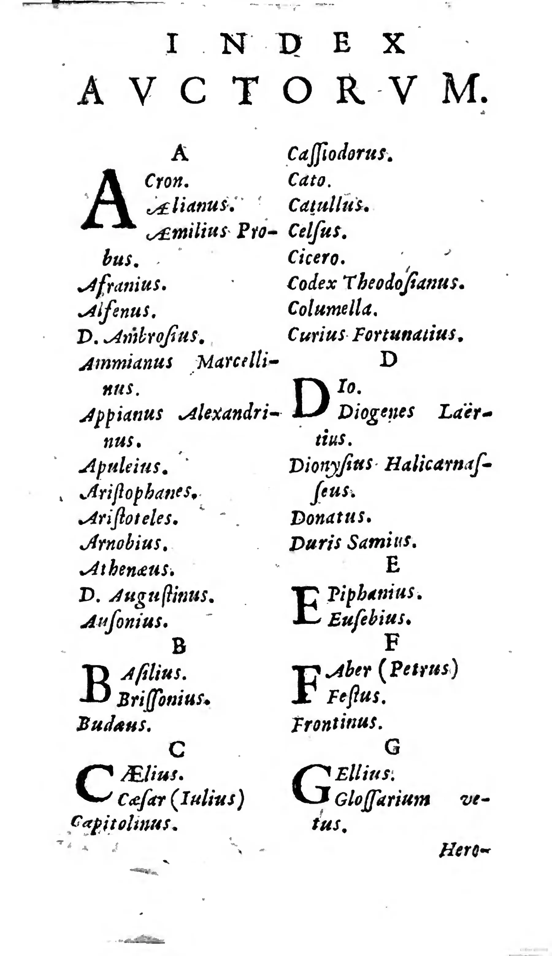 The opening leaf of the Index AVCTORVM, running alphabetically from A into G, makes visible the source-machine behind Pignoria's expansion of operae.