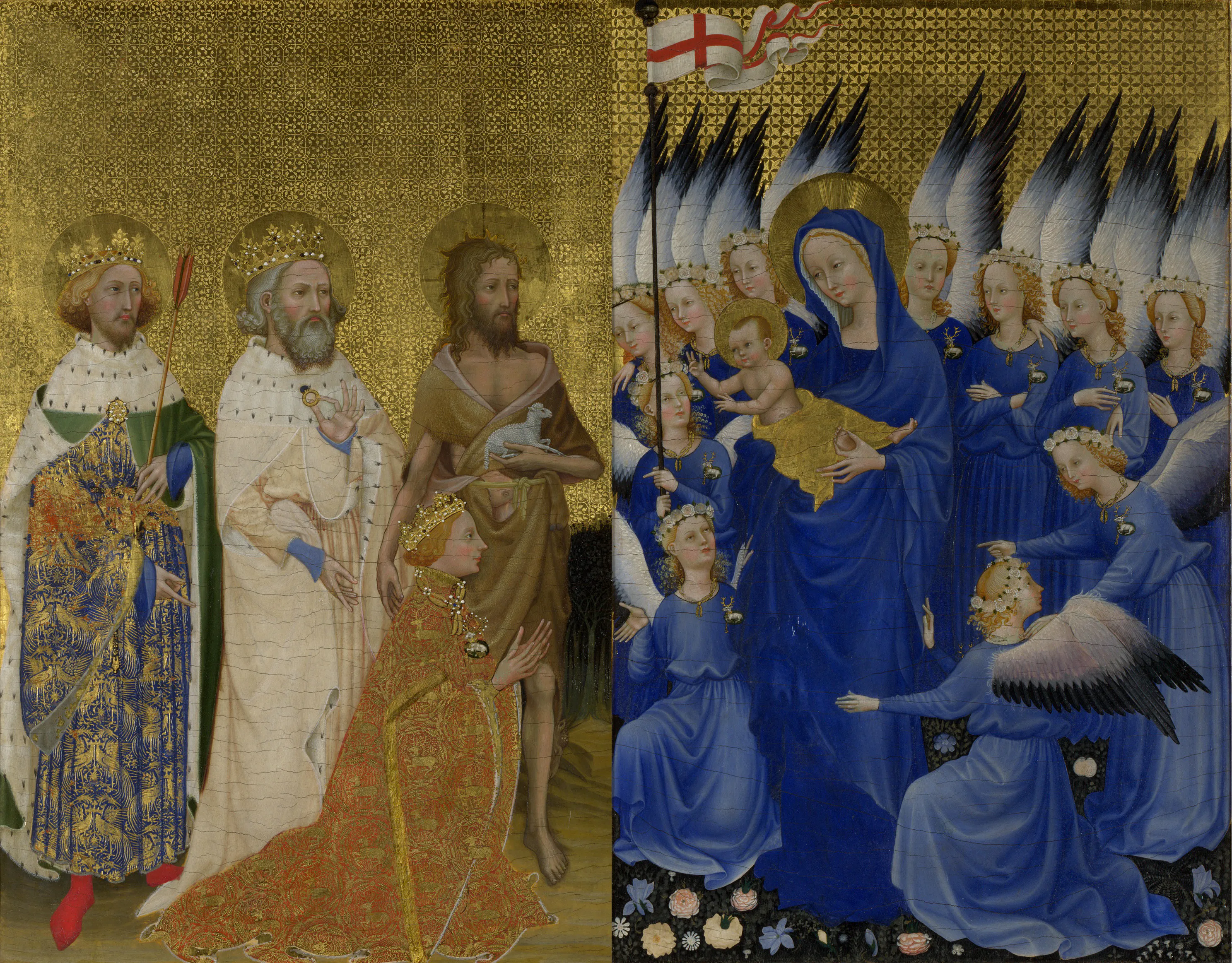 The Wilton Diptych, in which Richard II kneels before the Virgin and Child amid heraldic signs—quartered royal arms, the angels' white-hart badges, the Cross of St George.