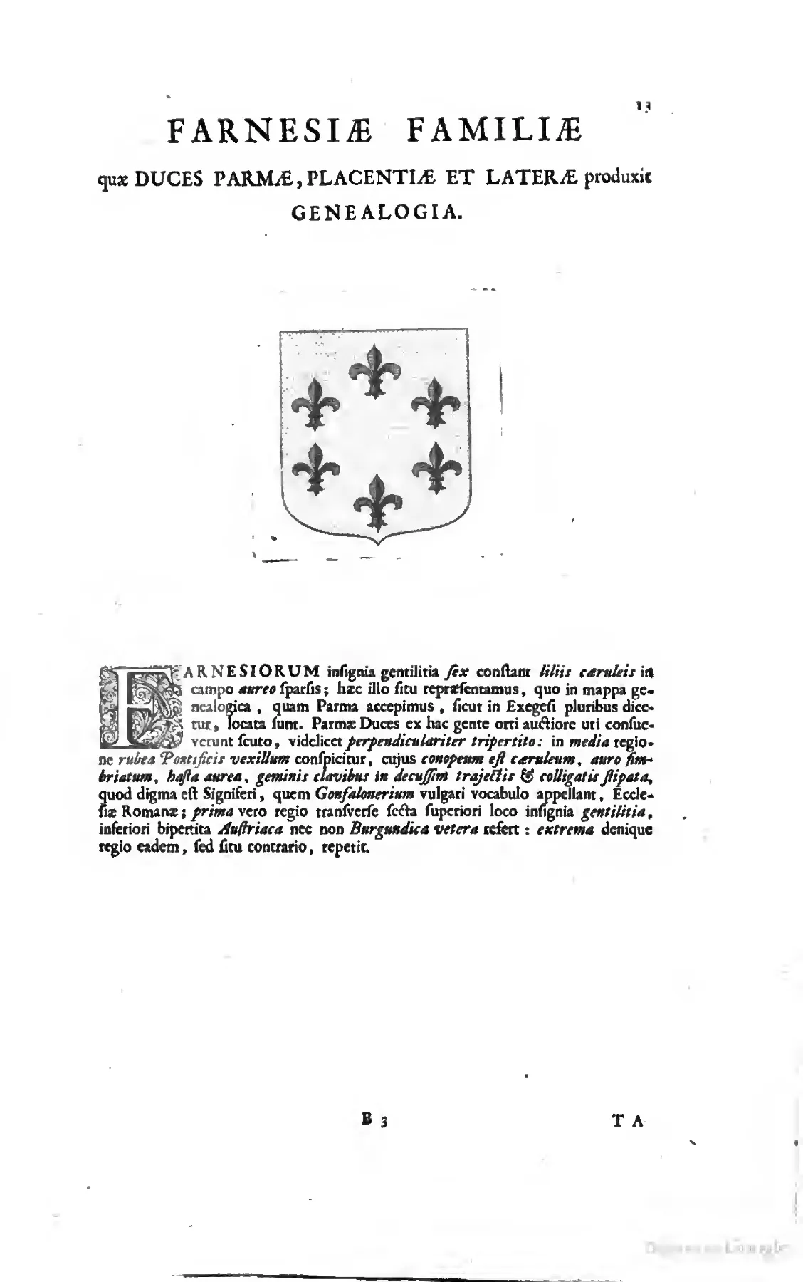 The Farnese genealogy opens with the family arms set above a decorated initial and explanatory blazon.