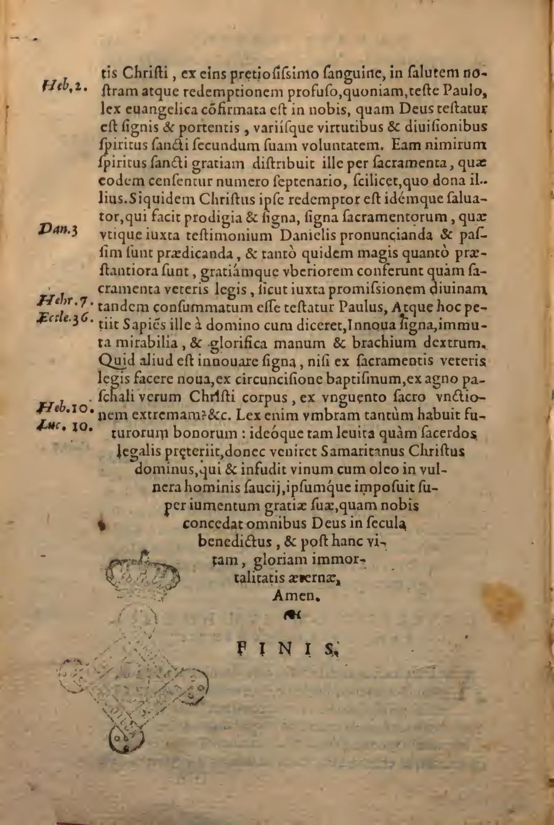 The final page of the homiliary, closing the sacramental argument with typology, an emphatic printed FINIS, and an institutional stamp.