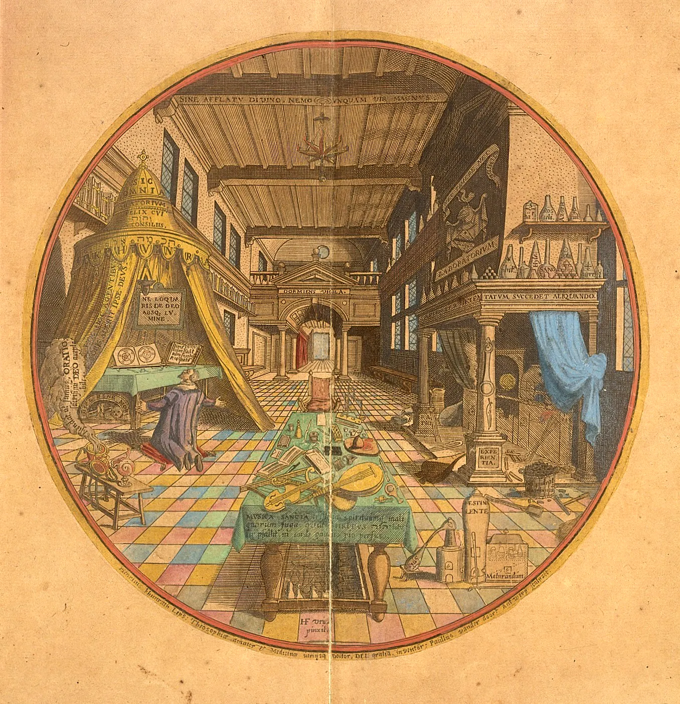 An engraving from Khunrath's Amphitheatrum sapientiae stages the problem Davisson's language of encheiresis sharpens: oratory and laboratory in one room, prayer and books set beside furnaces and vessels under the inscriptions EXPERIENTIA and LABORATORIUM — chymical knowledge presented as a disciplined practice fit to judge inherited authority.