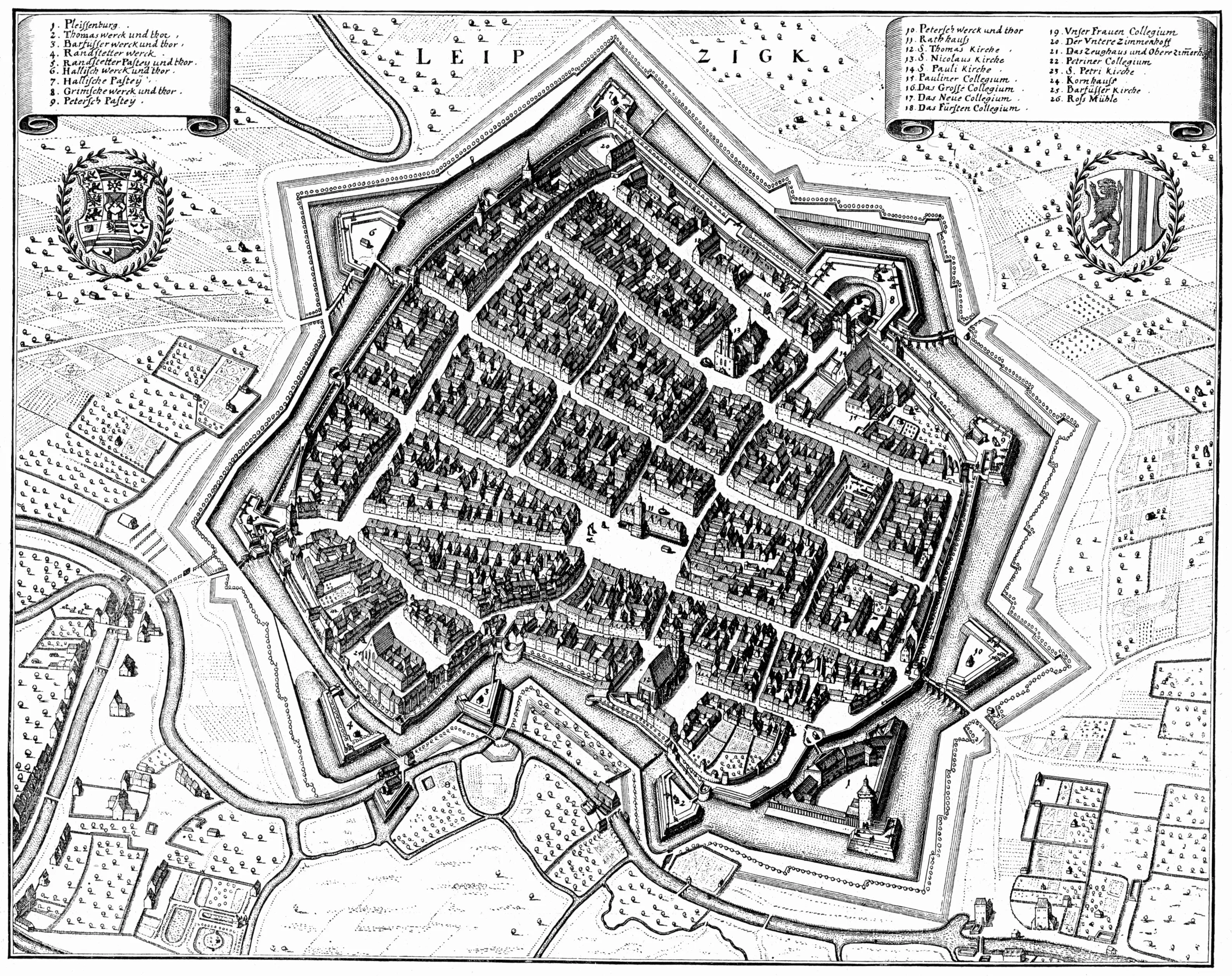 Matthäus Merian's 1650 engraved plan of Leipzig.