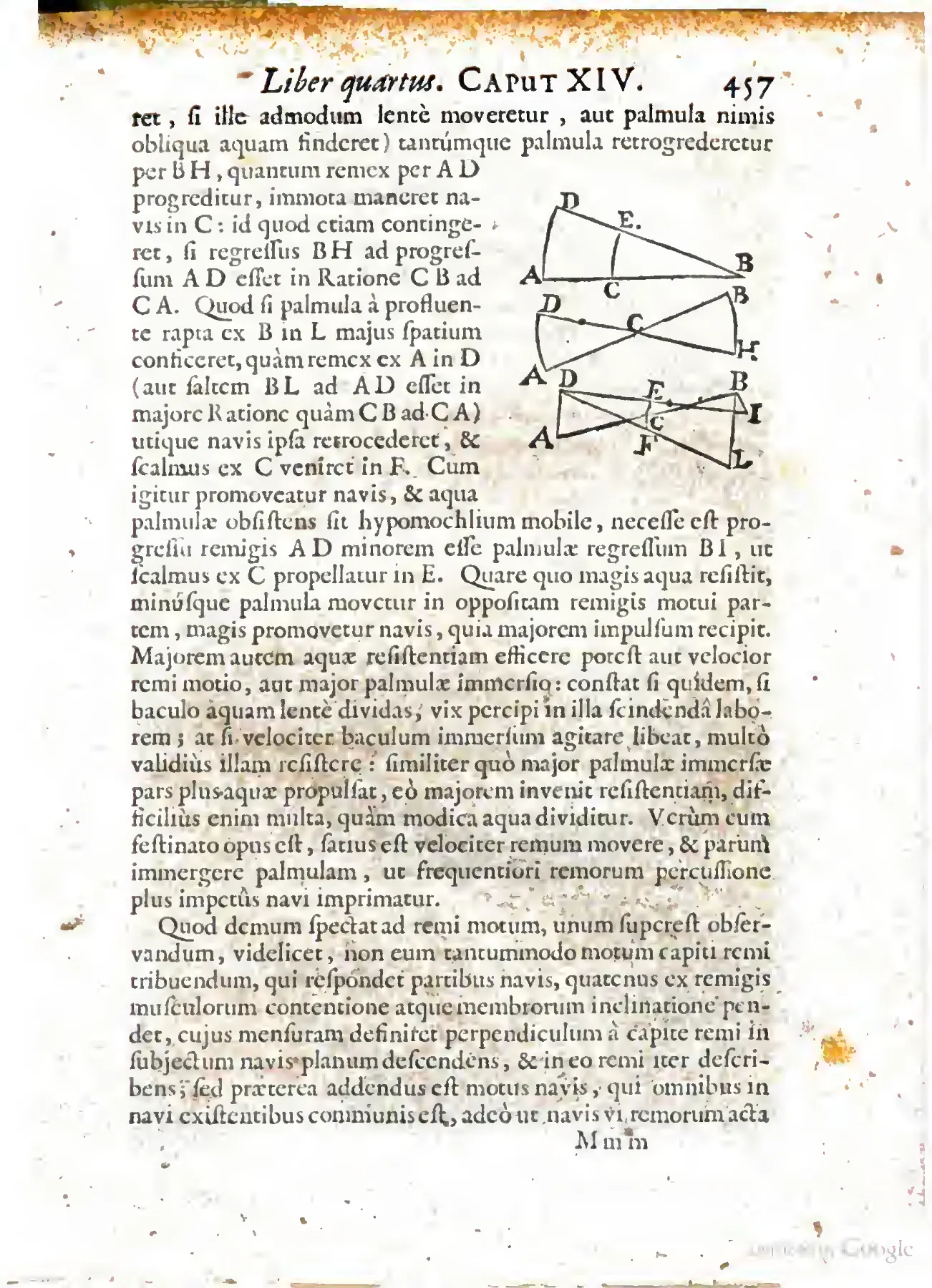 Casati’s lettered oar diagram treats rowing kinematically, plotting hand, blade, thole-pin, and yielding water through successive positions so that the resisting water can serve as a movable fulcrum. Mechanical roles follow operation, not appearance, and advantage comes only by exchanging stroke length, speed, immersion, and resistance.
