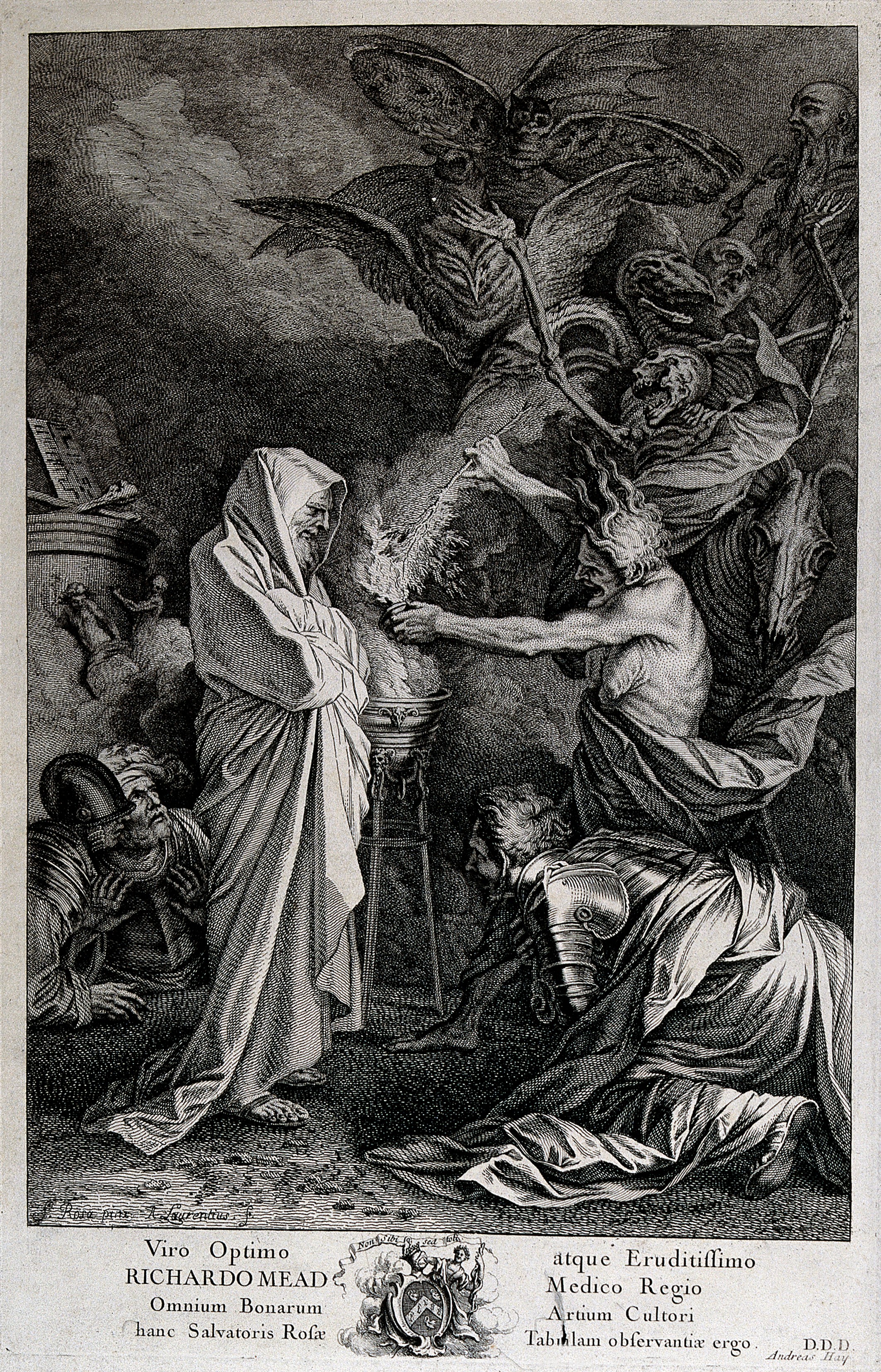 In A. Laurentius's eighteenth-century engraving after Salvator Rosa, Saul and the woman of Endor confront a shrouded apparition while demonic figures press in behind them, turning the biblical episode into a theatre of deception. For Weyer this was precisely the point of the Endor story: the figure seen was not Samuel raised by female necromancy but a diabolical spectrum whose convincing appearance exposed the danger of treating visions—or confessions born of such phantasms—as proof.