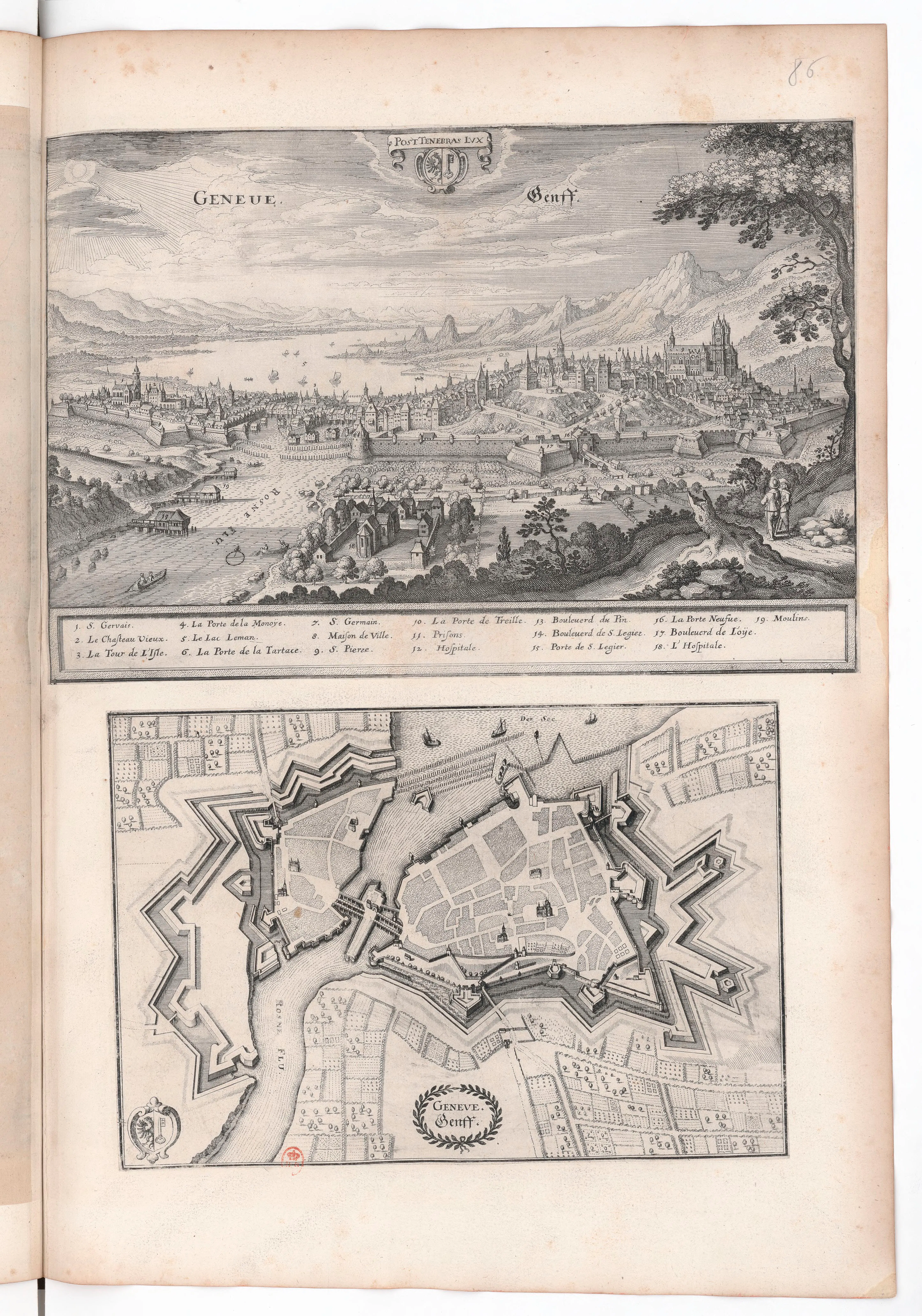 A near-contemporary engraved view and plan of Geneva, in the Merian *Topographia* tradition, places the dissertation in the city named in its imprint. It illustrates not the Flood argument but the printing milieu — "Genevæ, apud Petrum Columesium," 1667 — that brought the work into circulation.