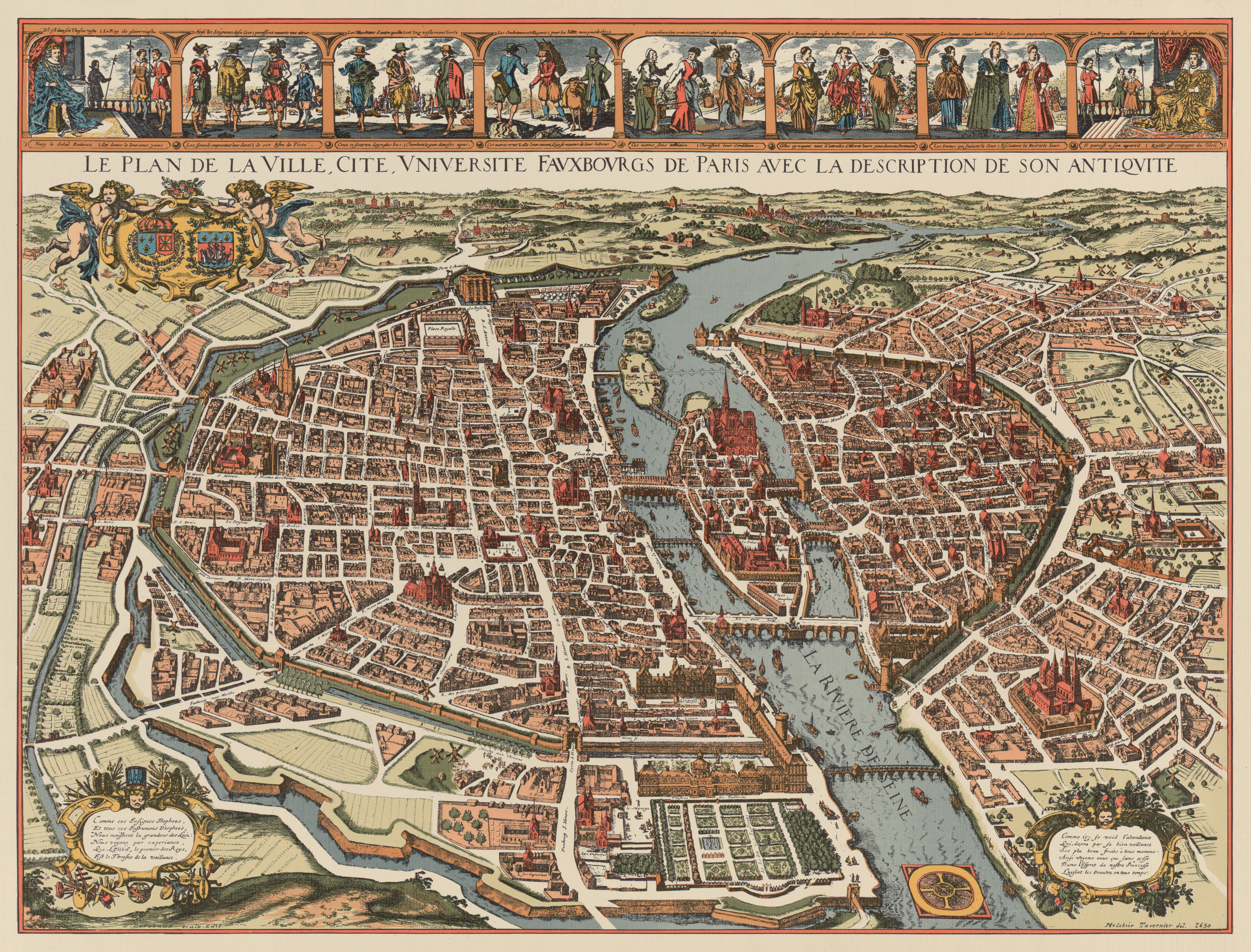 A seventeenth-century plan of Paris by Derveaux and Tavernier sets Davisson's chymiatric teaching within an actual city: the University quarter where auditors gathered lay in the same civic fabric as the Faculty, the Parlement and the printers who made the dispute over chemical remedies public.