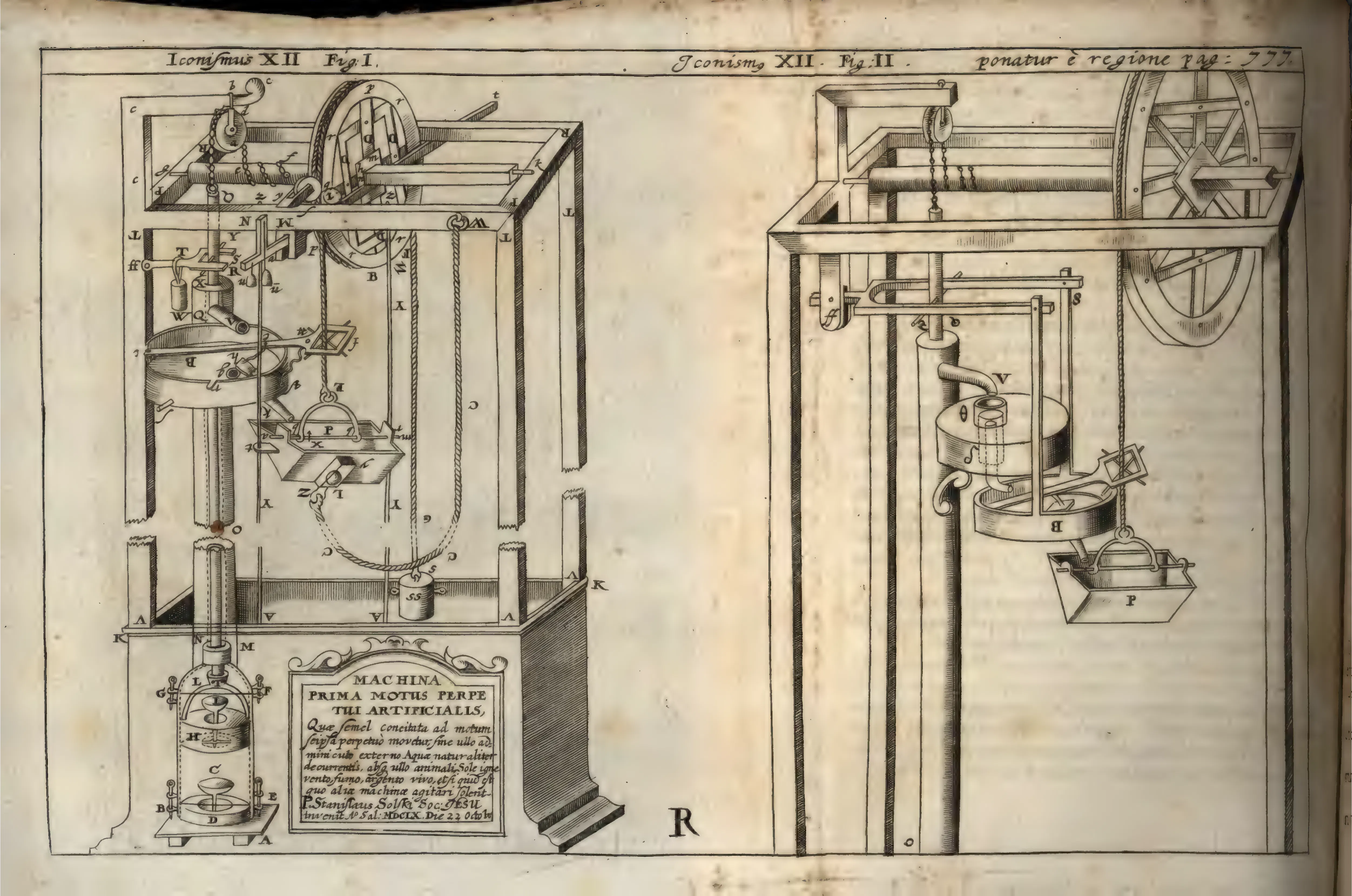 The engraved "Machina Prima Motus Perpetui Artificialis" sets the promise of self-moving perpetuity beside the machine's practical dependencies: cylinder, bucket, pulleys, wheelwork and the braking lever that keeps the cycle from failing. Paired overall and cut-away views show a mechanism sustained by empirical remedy as much as by proof.