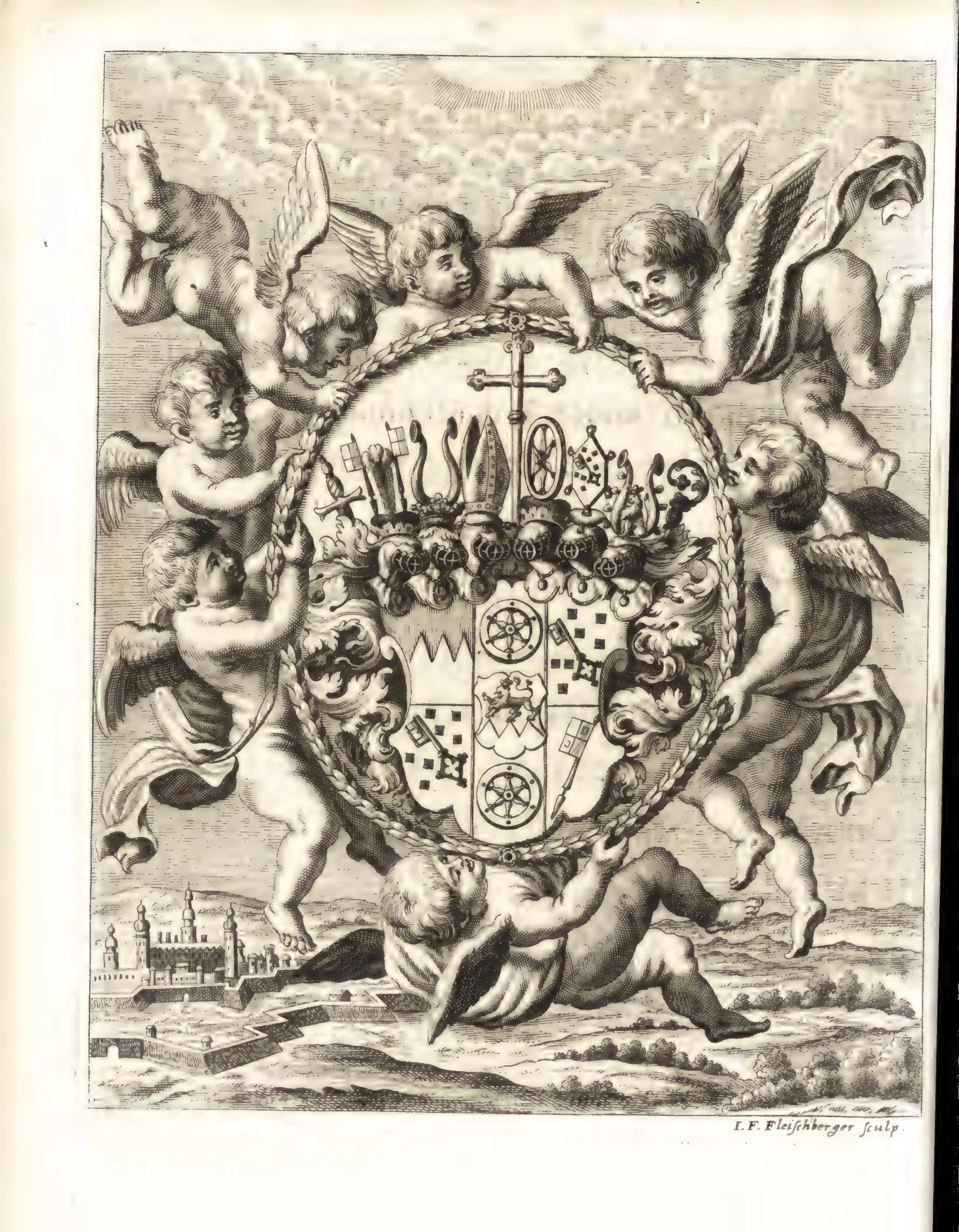 Fleischberger's full-page engraving presents Johann Philipp von Schönborn's quartered arms, with Mainz wheel, Schönborn checks, crossed keys, mitre and archiepiscopal cross, borne by putti. Such heraldry places the book's pneumatic novelty, "the fruit of the Magdeburg experiment," under dynastic and religious auspices.