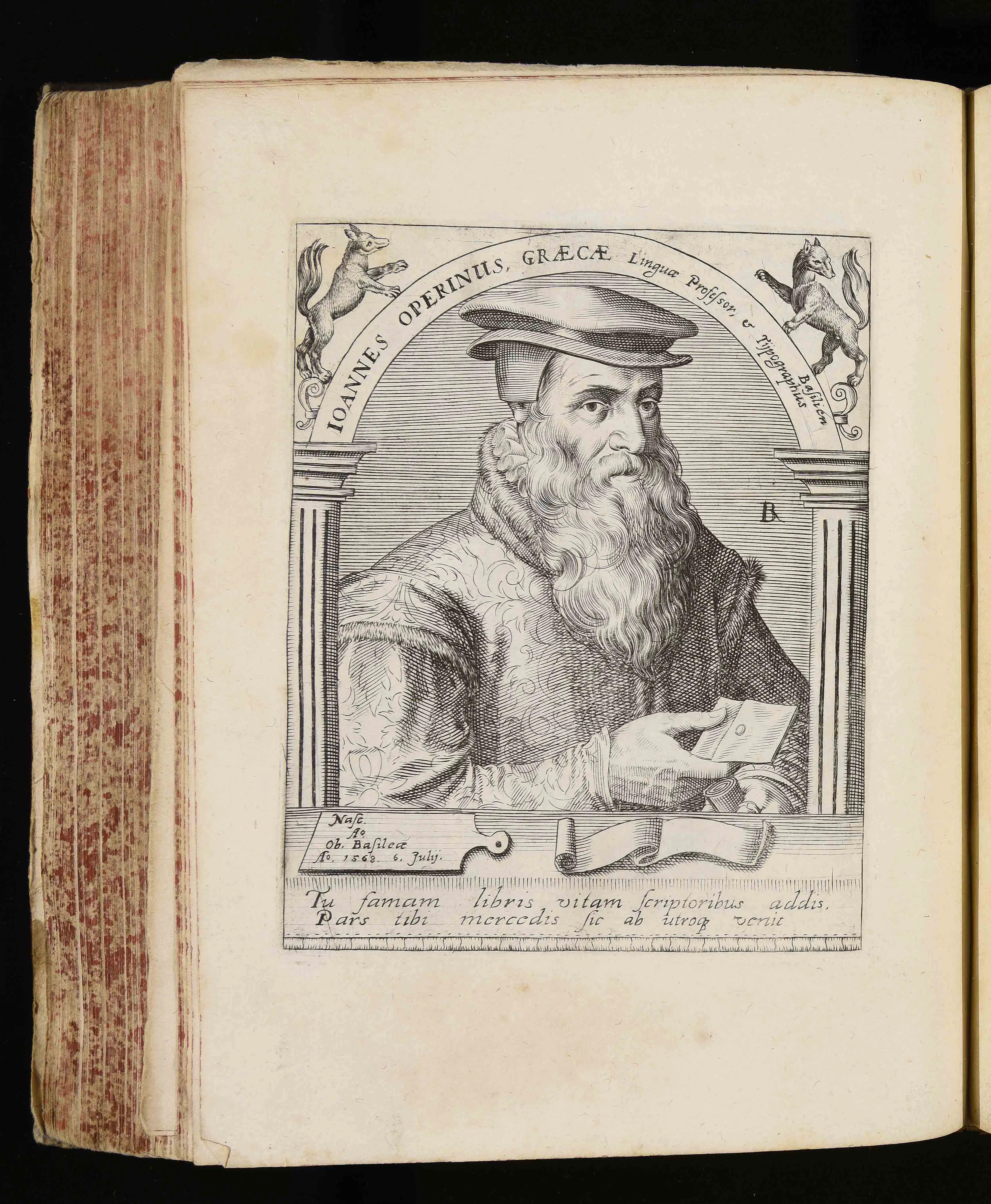 Engraved portrait of Johannes Oporinus, the Basel humanist printer whose shop issued the 1554 quarto.
