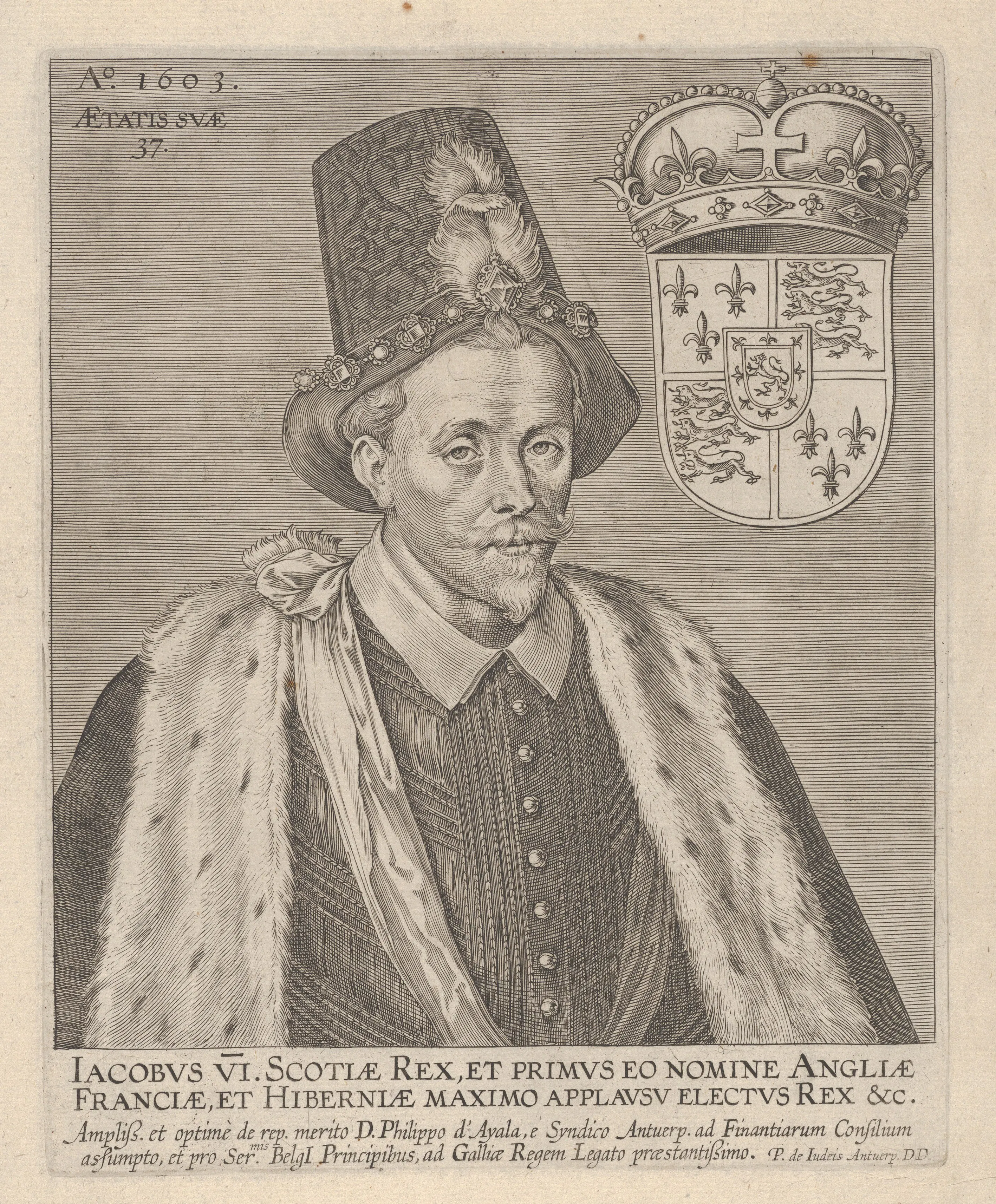 This 1603 engraved portrait of James VI of Scotland gives visual form to one of the most consequential hostile readers of Weyer's argument. James's *Daemonologie* rejected the kind of doctrinal and juridical caution signaled by Weyer's offer of a spontaneous palinode and helped carry the anti-Weyerian consensus into the English Stuart world.