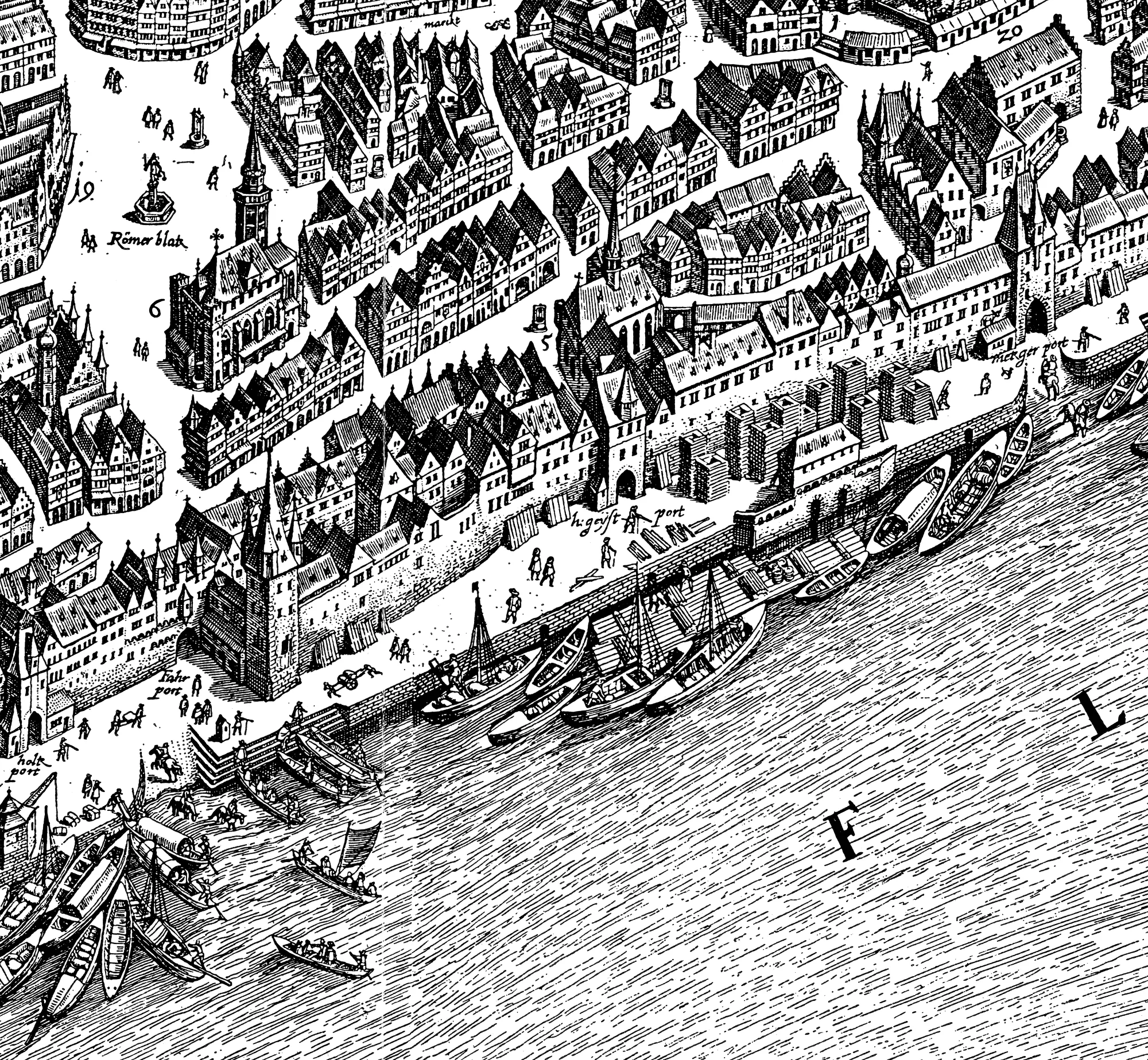 Merian's engraved view of Frankfurt am Main, with its dense riverfront architecture.