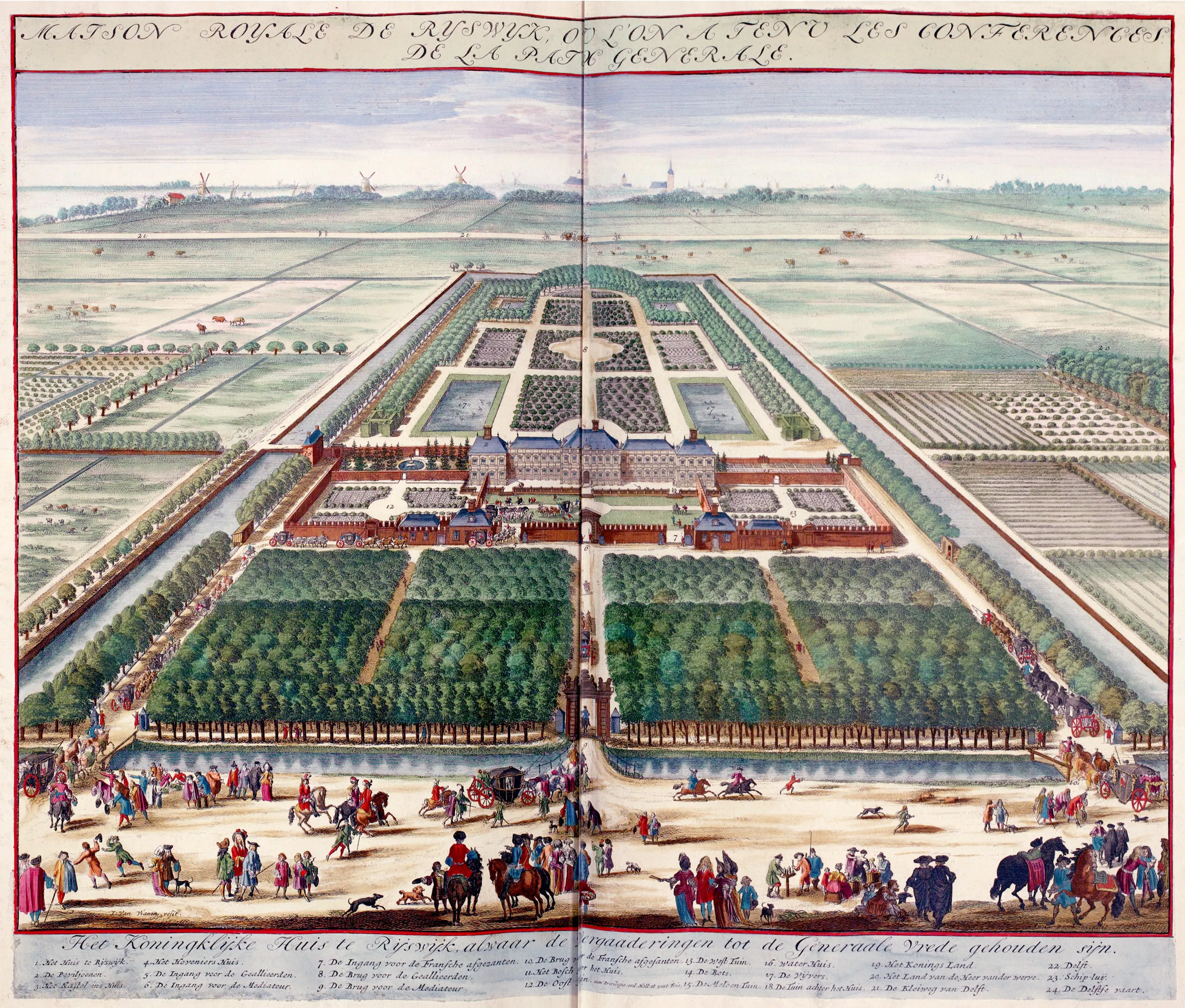 Huis ter Nieuwburg at Rijswijk, where the peace of 1697 was negotiated, in an engraving by P. Schenck. This is the place the thanksgiving promises to ennoble, its name made a byword for restored quiet, liberty and plenty after war on land and sea.