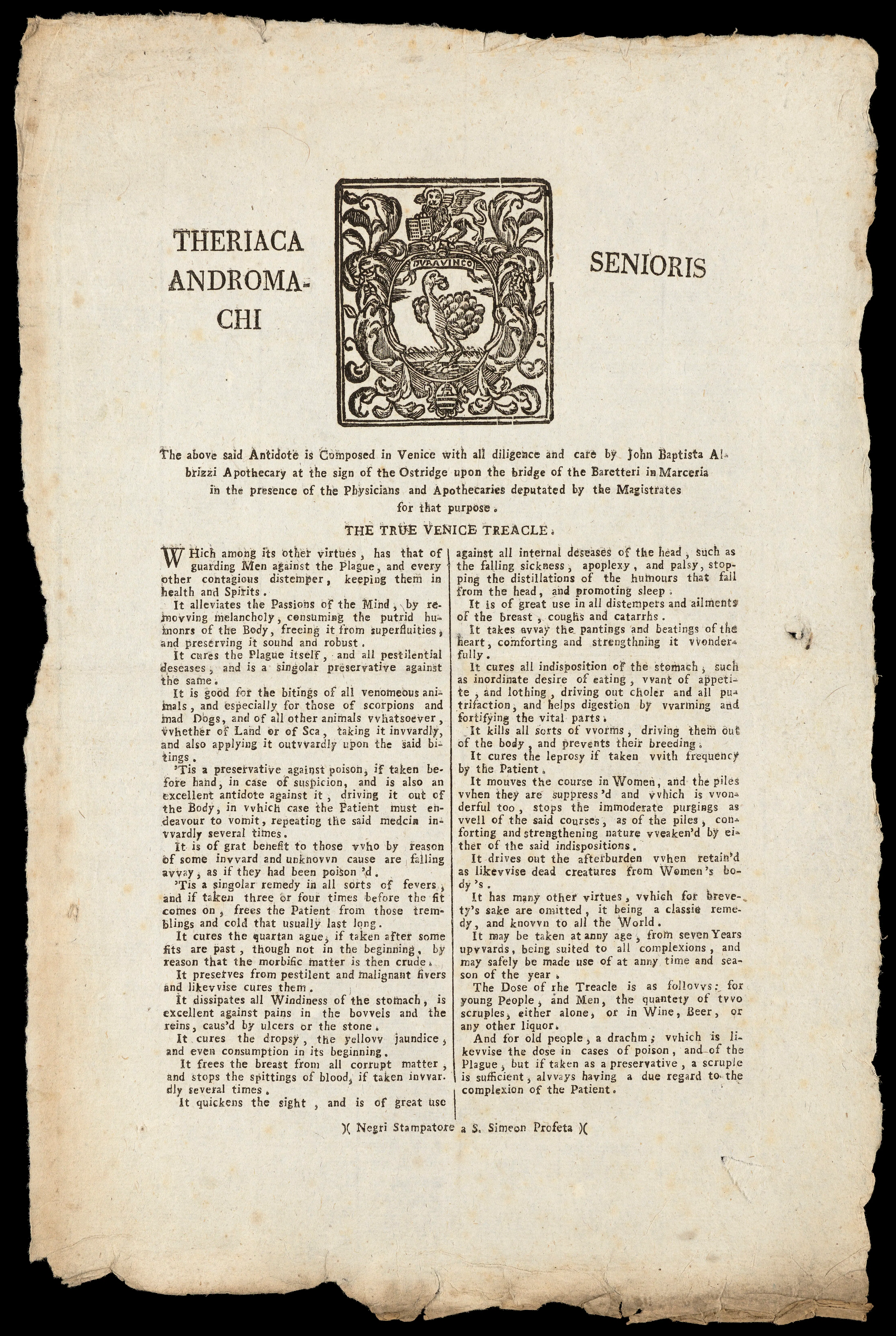 A printed broadside for Theriaca Andromachi presents the compound antidote as a weapon against poison, plague, venomous bites, and hidden internal harms.