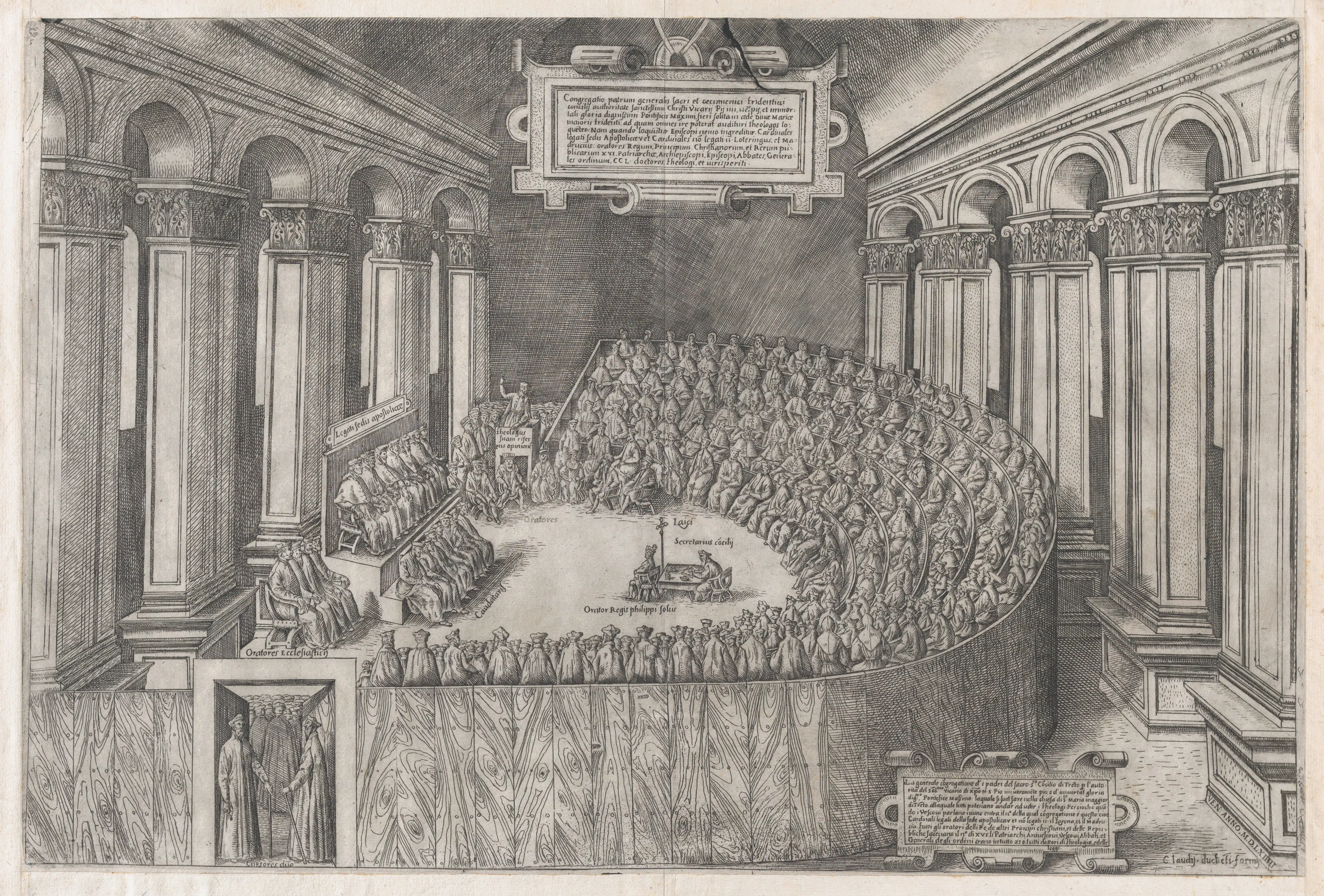 This engraving of a session of the Council of Trent evokes the conciliar framework that empowered Roman authorities to regulate worship and sacramental language. Rocca's insistence that a bell may be blessed but not properly baptized belongs to that disciplinary world, where even familiar devotional speech was tested against authorized categories.