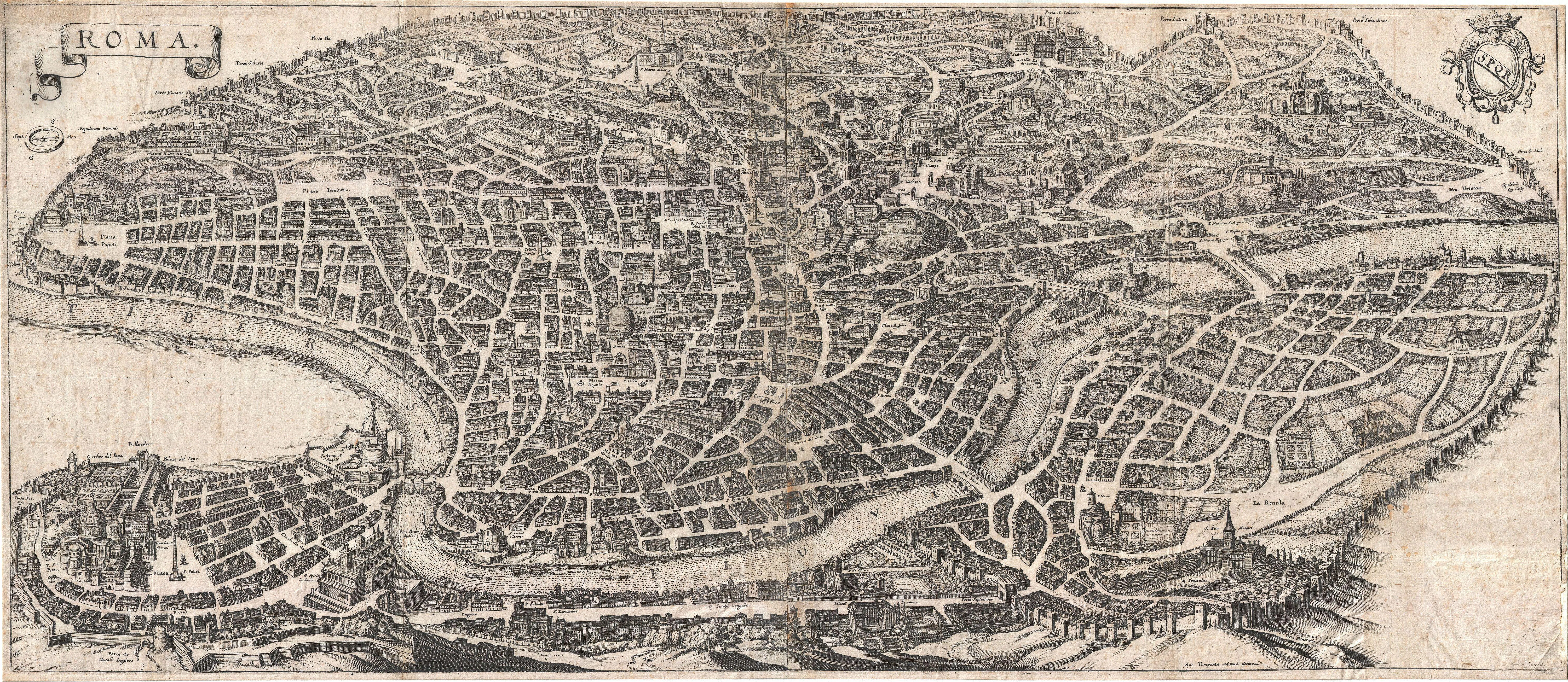 Merian's mid-seventeenth-century panoramic view of Rome depicts the city a few decades before the 1696 Roman printing recorded under J. J. Komarek. It illustrates no argument of the treatise; it situates the bibliographic record in the city whose ecclesiastical authority governed the book's licensing and publication.