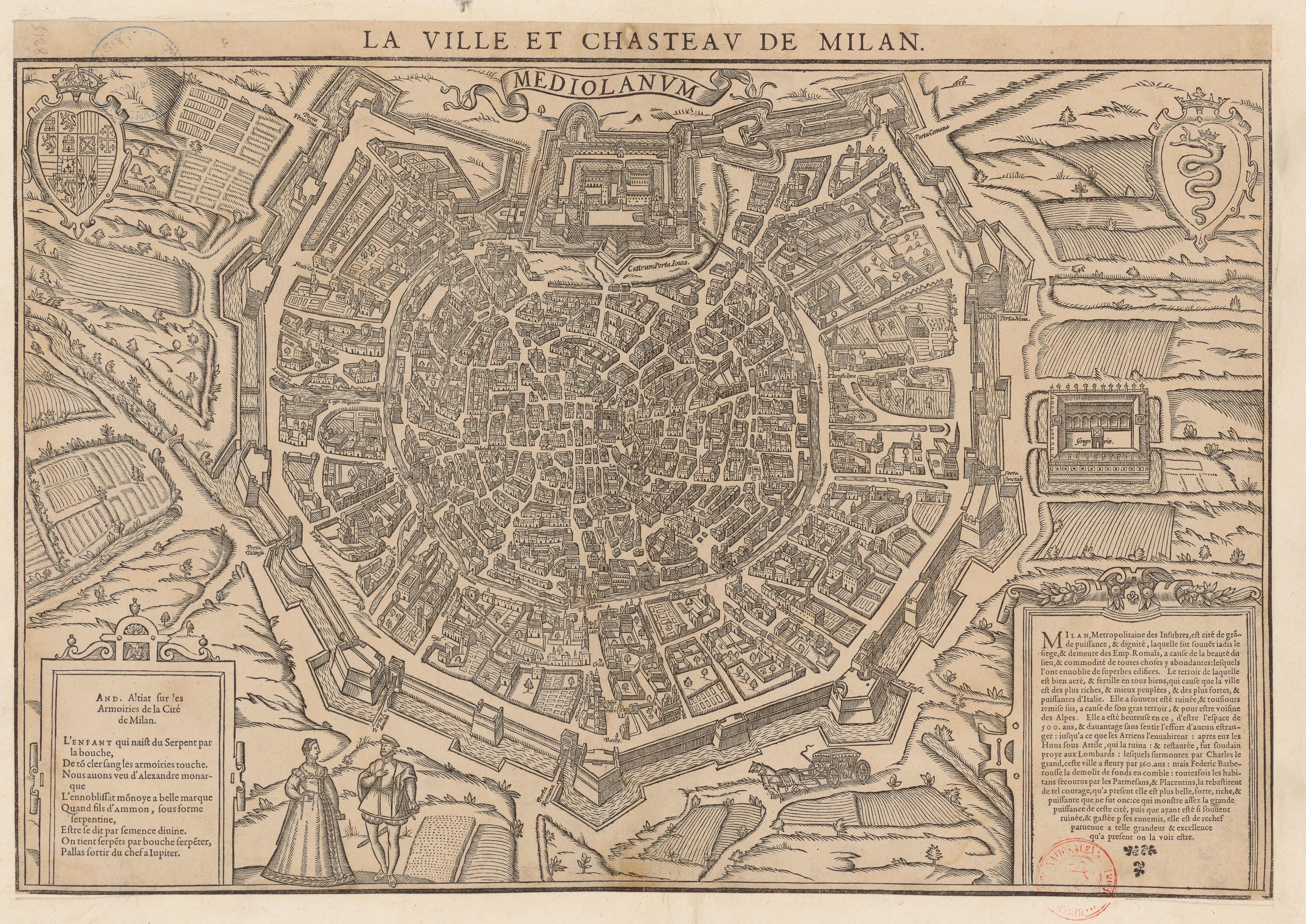 Braun and Hogenberg's early modern plan of Milan, the governing center whose Senate stood behind Magnen's 1646 appointment at Pavia.