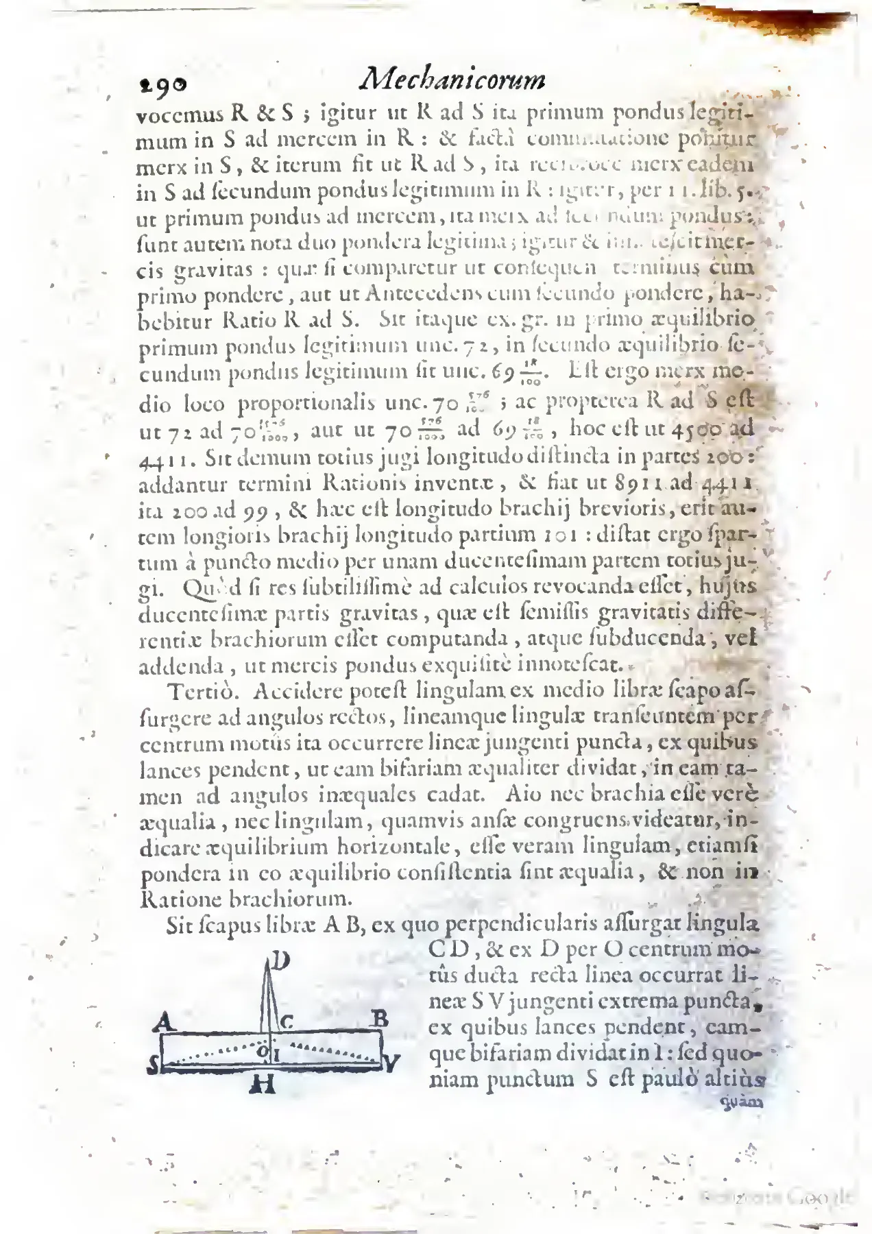 Book III makes false equilibrium calculable: a worked example takes the mean proportional between two legitimate weights to find the merchandise’s true weight. A small lettered woodcut of a balance then introduces the third case, where a seemingly level tongue marks oblique rather than horizontal equilibrium.