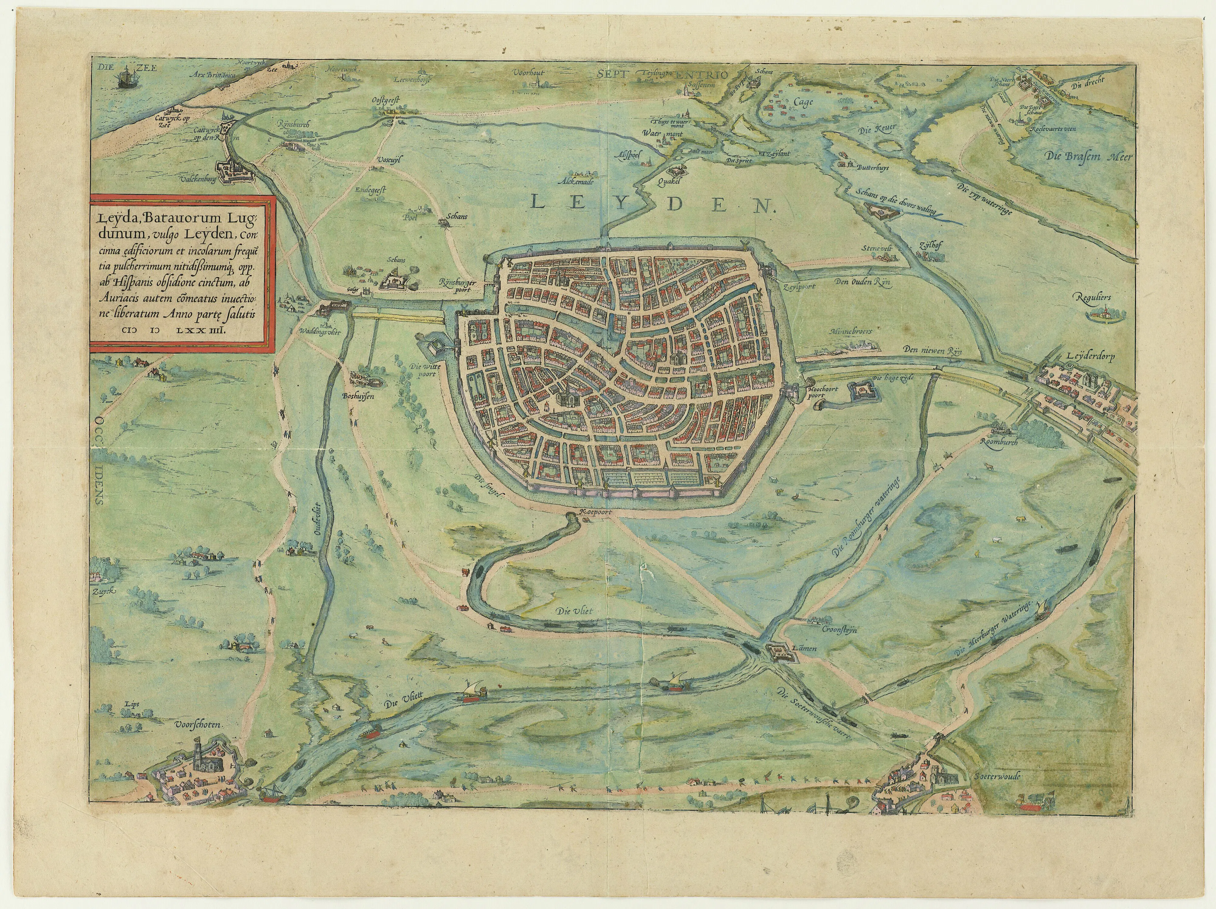 A coloured map of Leiden and its surroundings, dated 1574, records the city some three decades before Baudius delivered his oration there. It grounds the oration's claim for critical learning as public dignity in the city—the Lugdunum Batavorum of the pamphlet's imprint—whose university made Leiden humanism a public institution.