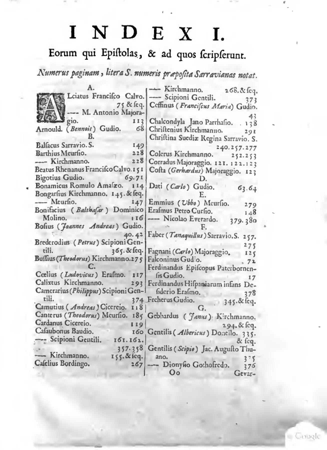 Opening beneath a large historiated initial, this two-column Index I turns the correspondents and addressees of the Gude–Sarrau volume into a durable map of learned sociability.