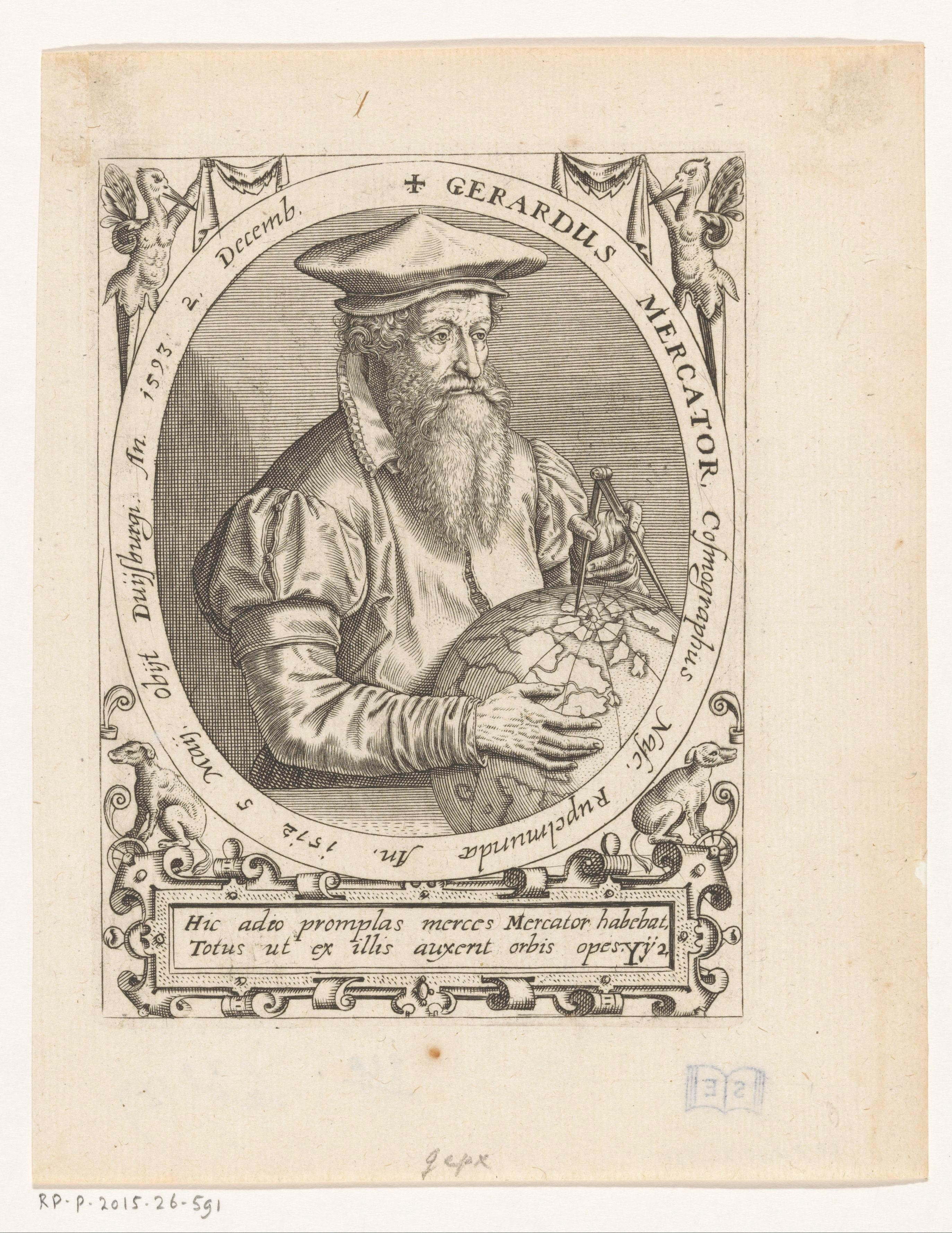 A period engraved portrait presents Gerardus Mercator as cosmographer — the geographer whose authority the dissertation both acknowledges and sets aside. His testimony would have served the regional hypothesis, yet it is refused as coming from a witness of disapproved faith: cartographic learning barred by a confessional boundary.