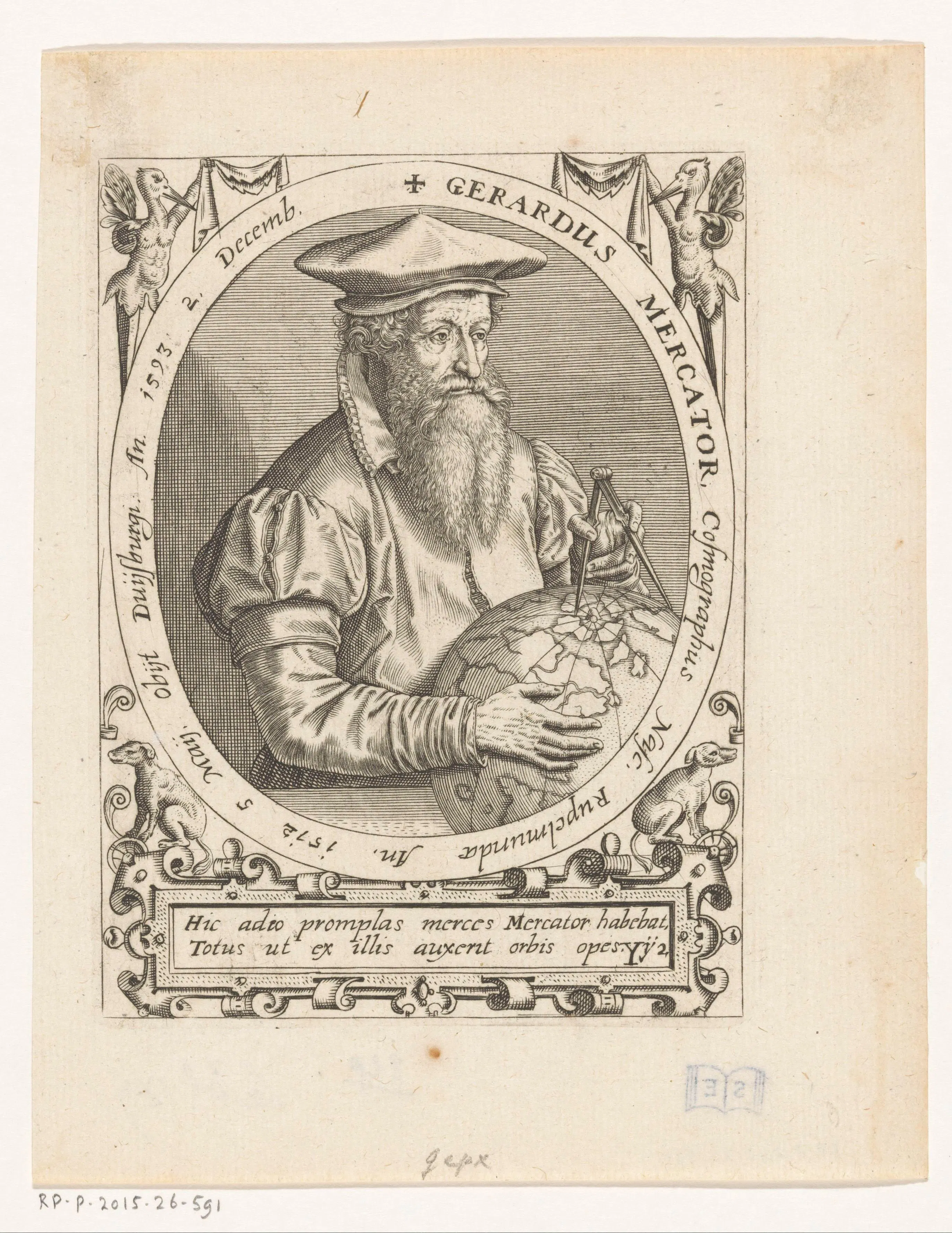 A period engraved portrait presents Gerardus Mercator as cosmographer — the geographer whose authority the dissertation both acknowledges and sets aside. His testimony would have served the regional hypothesis, yet it is refused as coming from a witness of disapproved faith: cartographic learning barred by a confessional boundary.