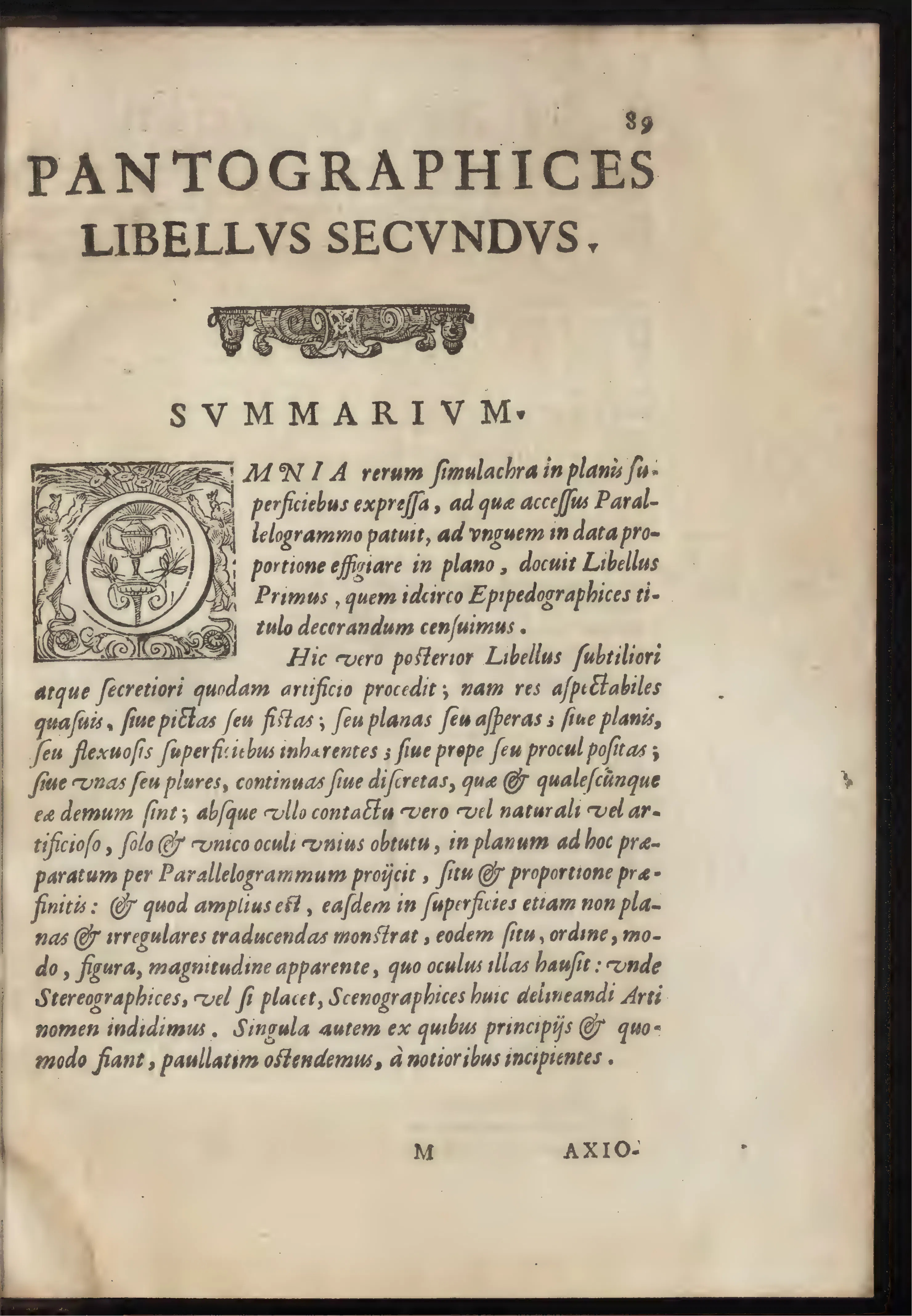 The formal opening of Book II, with woodcut headpiece and historiated initial, turns from the plane-copying of Book I to an optical art of projecting visible things without physical contact. Its Summarium — Stereographices, vel si placet, Scenographices — presents the terminology as an act of disciplinary naming.