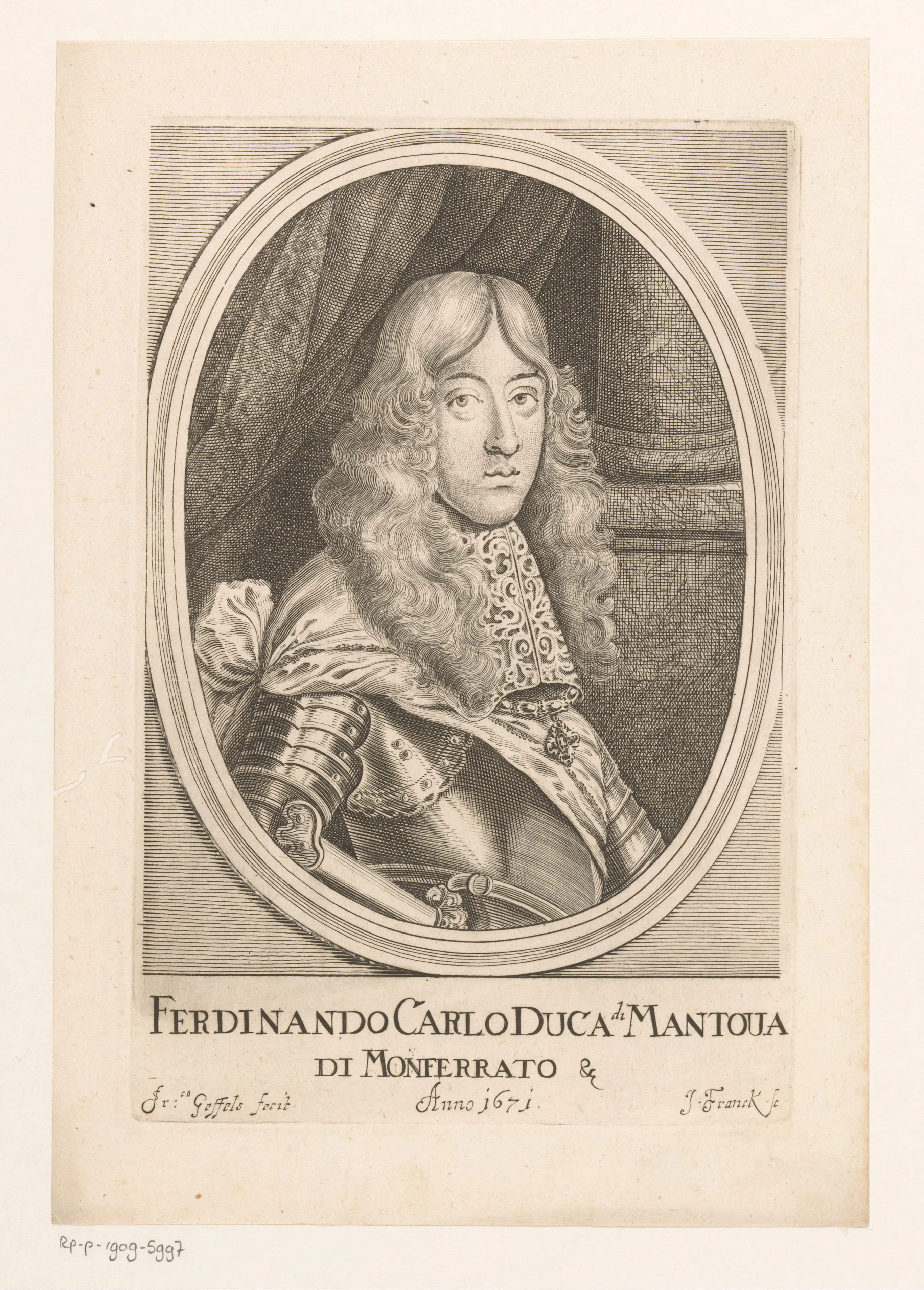 Ferdinando Carlo Gonzaga, duke of Mantua and Montferrat, in an engraved portrait made seven years before the treatise appeared. Ceva's dedication placed geometry under this Mantuan duke's shelter, translating a mathematical programme into the courtly economy of favour and guardianship.