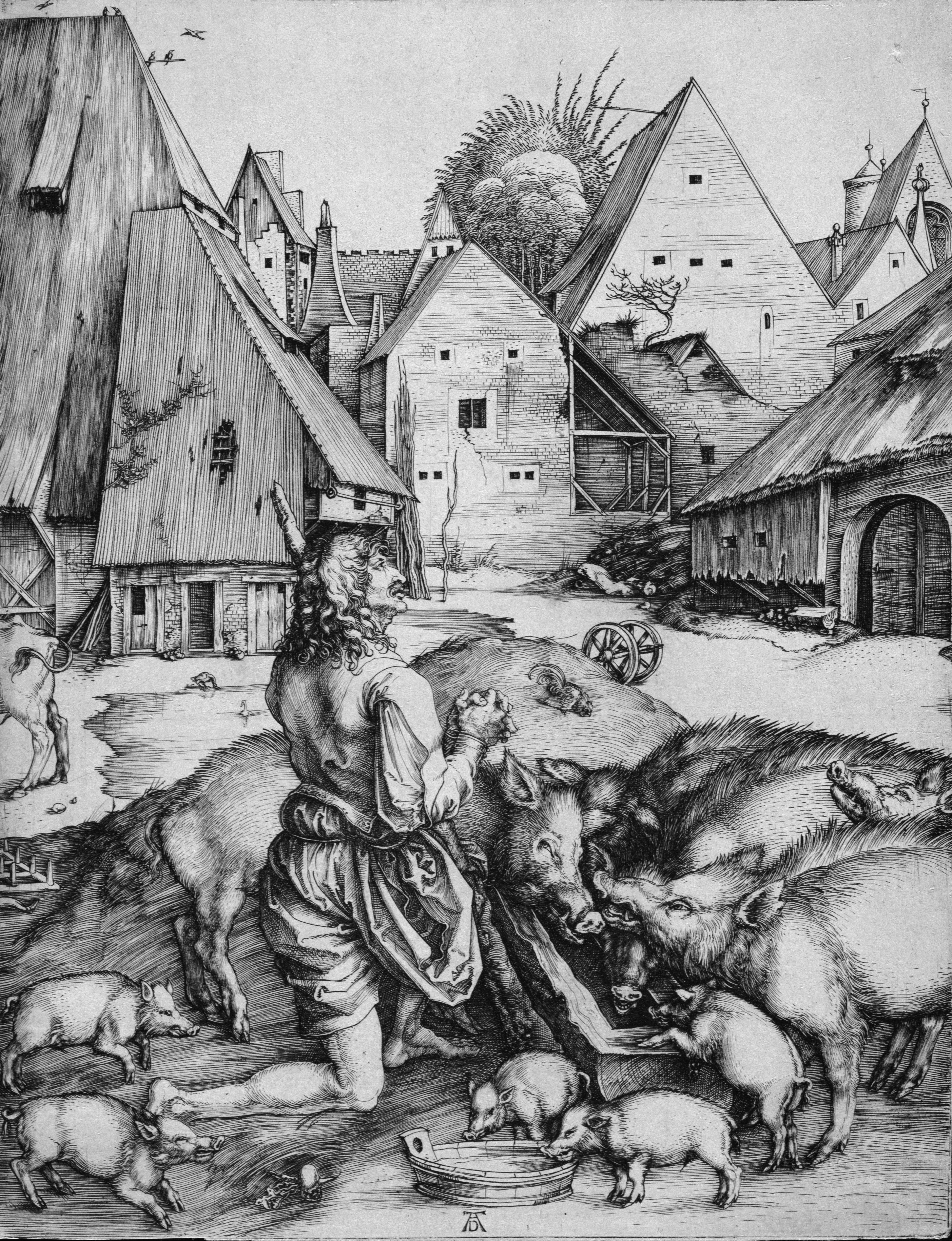 In this Prodigal Son scene, the kneeling penitent is nearly overwhelmed by the busy farmyard around him.