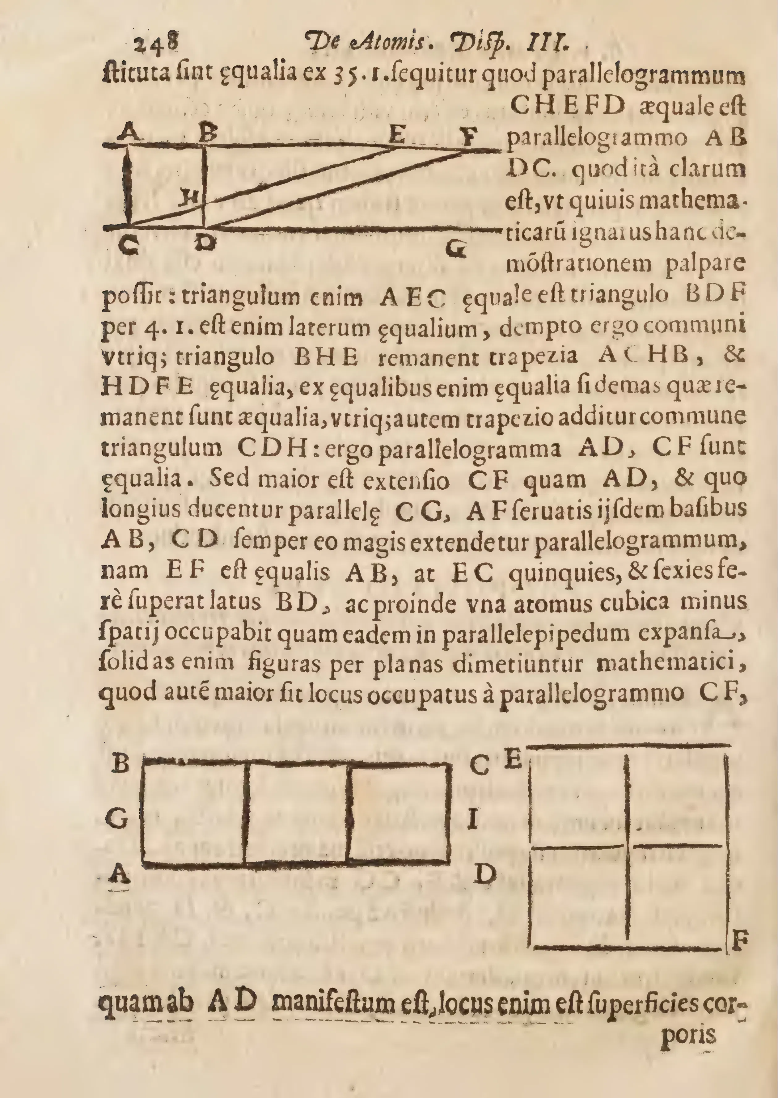 On this page of Disputation III, Magnen's paired parallelogram and rectilinear diagrams turn the isoperimetric theorem into a physics of place.