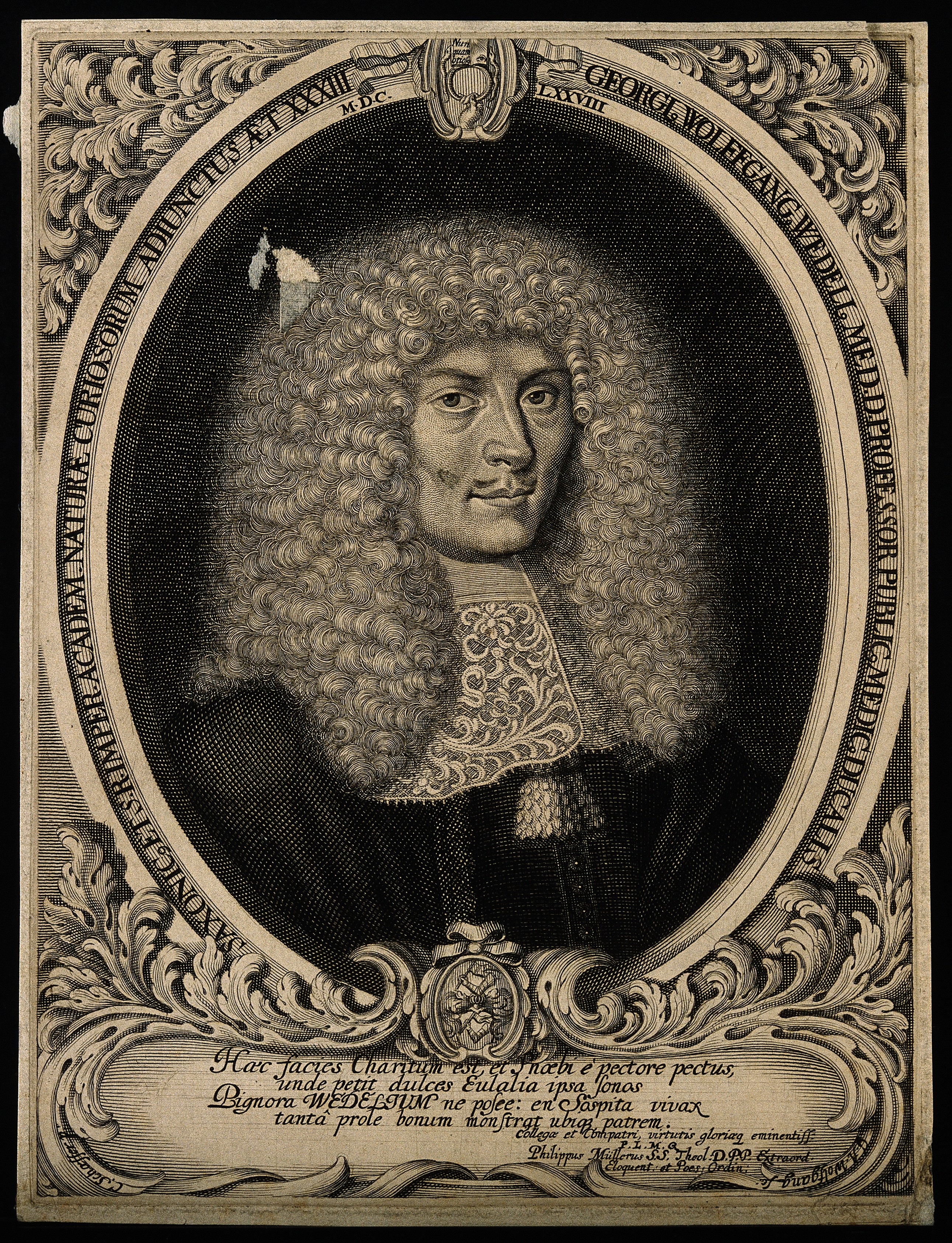 This engraved portrait gives Georg Wolfgang Wedel the public scholarly identity his opium treatise claims in print: not an occult dispenser of a powerful drug, but a Jena physician-naturalist whose affiliation with the Academia Naturae Curiosorum is worked into his credentials.