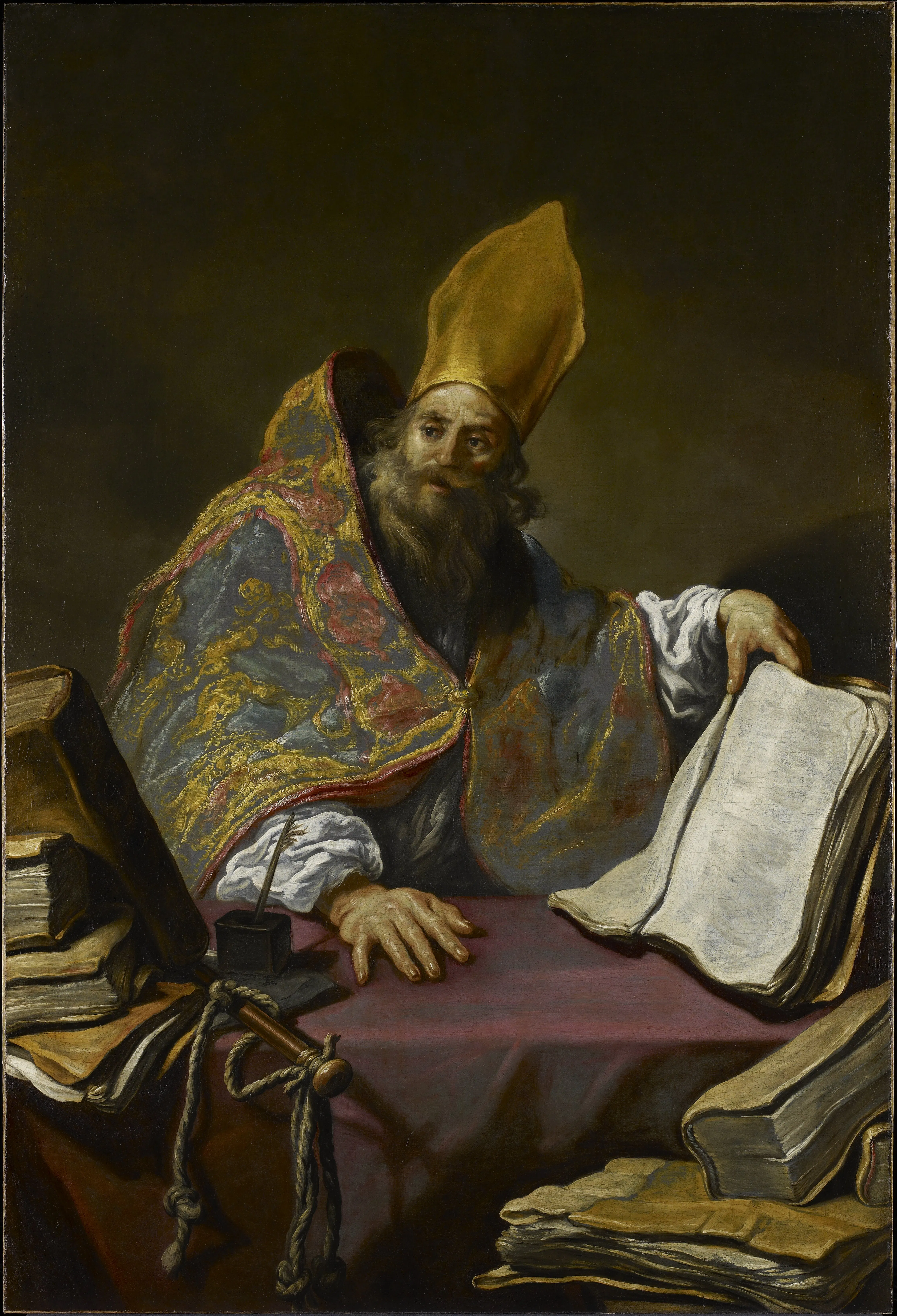 Claude Vignon's Saint Ambrose presents the bishop-scholar with the books and insignia of ecclesiastical authority, an apt emblem for a hymn tradition later treated as both venerable and editable. Here Ambrose stands for the inherited authority whose "Ambrosian" songs Clichtove dared to scan against the strict law of iambic dimeter, classify, and correct.