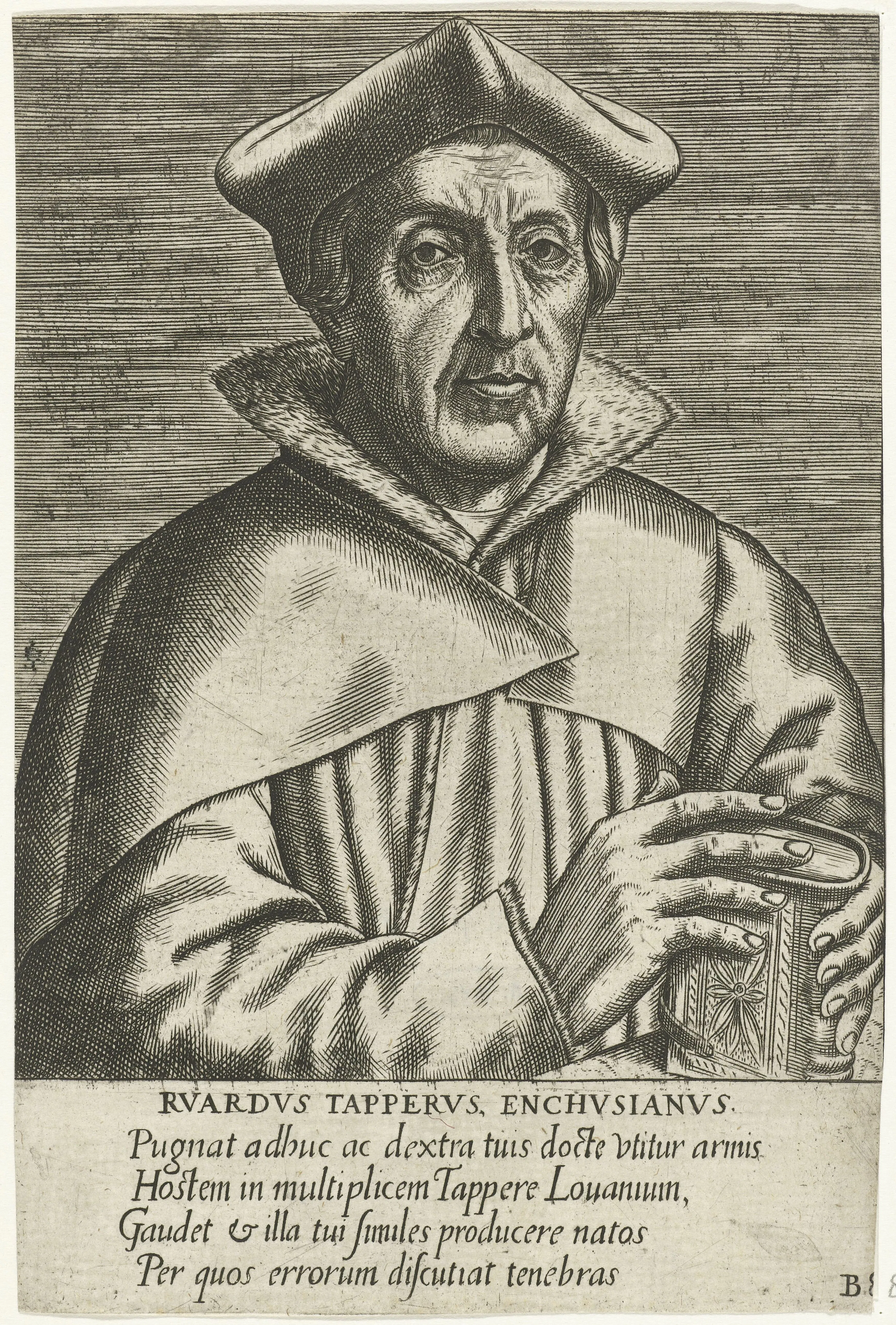 Portrait of Ruard Tapper, the Leuven theologian credited with editorial care of the 1552 Opera and named in the privilege as having corrected and approved Driedo's works. He is the middle link in the chain of attestation—emperor, faculty censor, sworn printer—that carried Driedo's argument for received authority to readers.