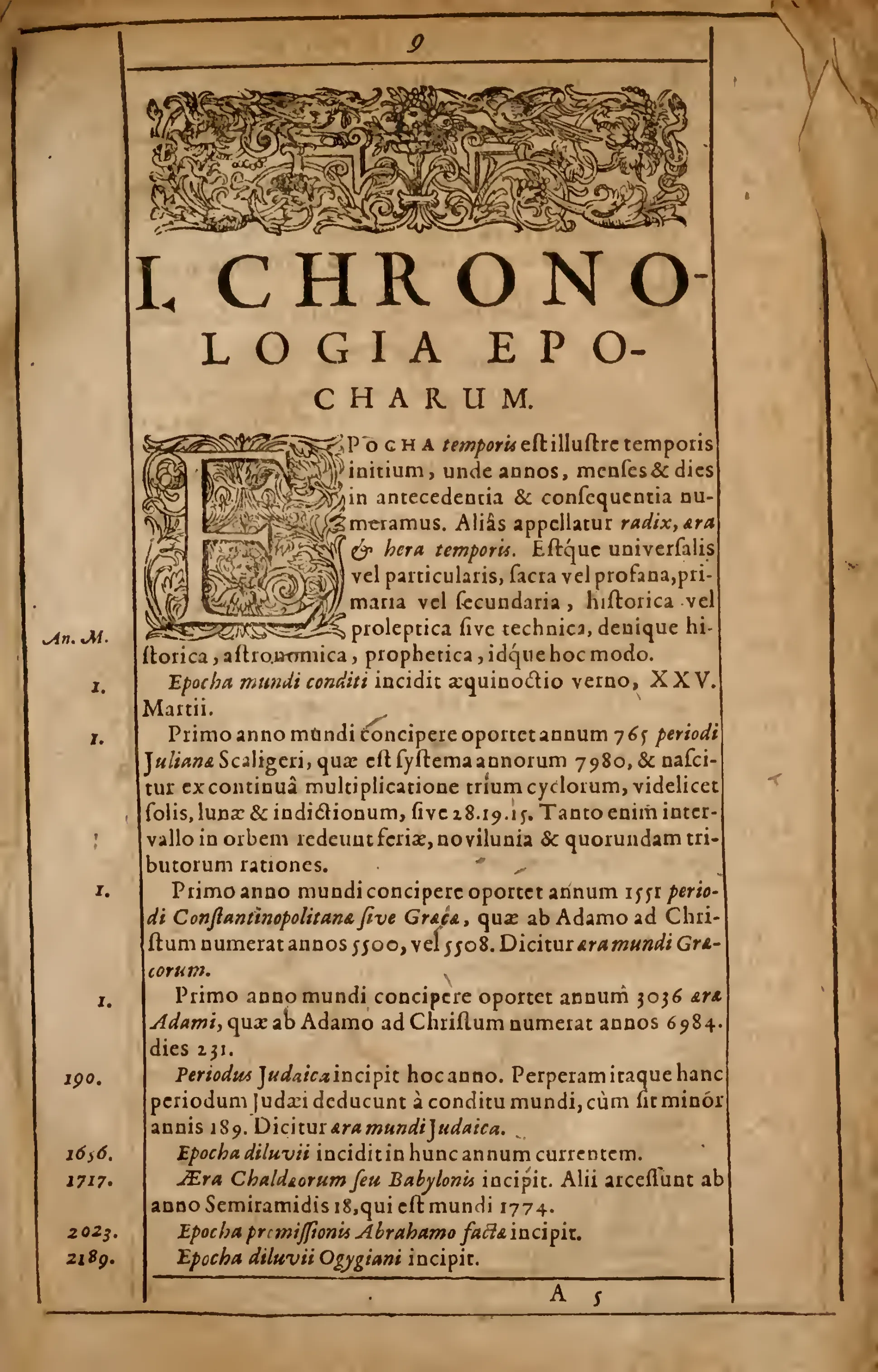 Opening the first chronology, Alsted defines the epocha as the "illustrious beginning" from which years, months, and days are counted backward and forward — the radix of time. The tabulated entries that follow, from Creation to Scaliger's Julian Period, supply the computational grid on which heterogeneous systems of reckoning could be aligned.