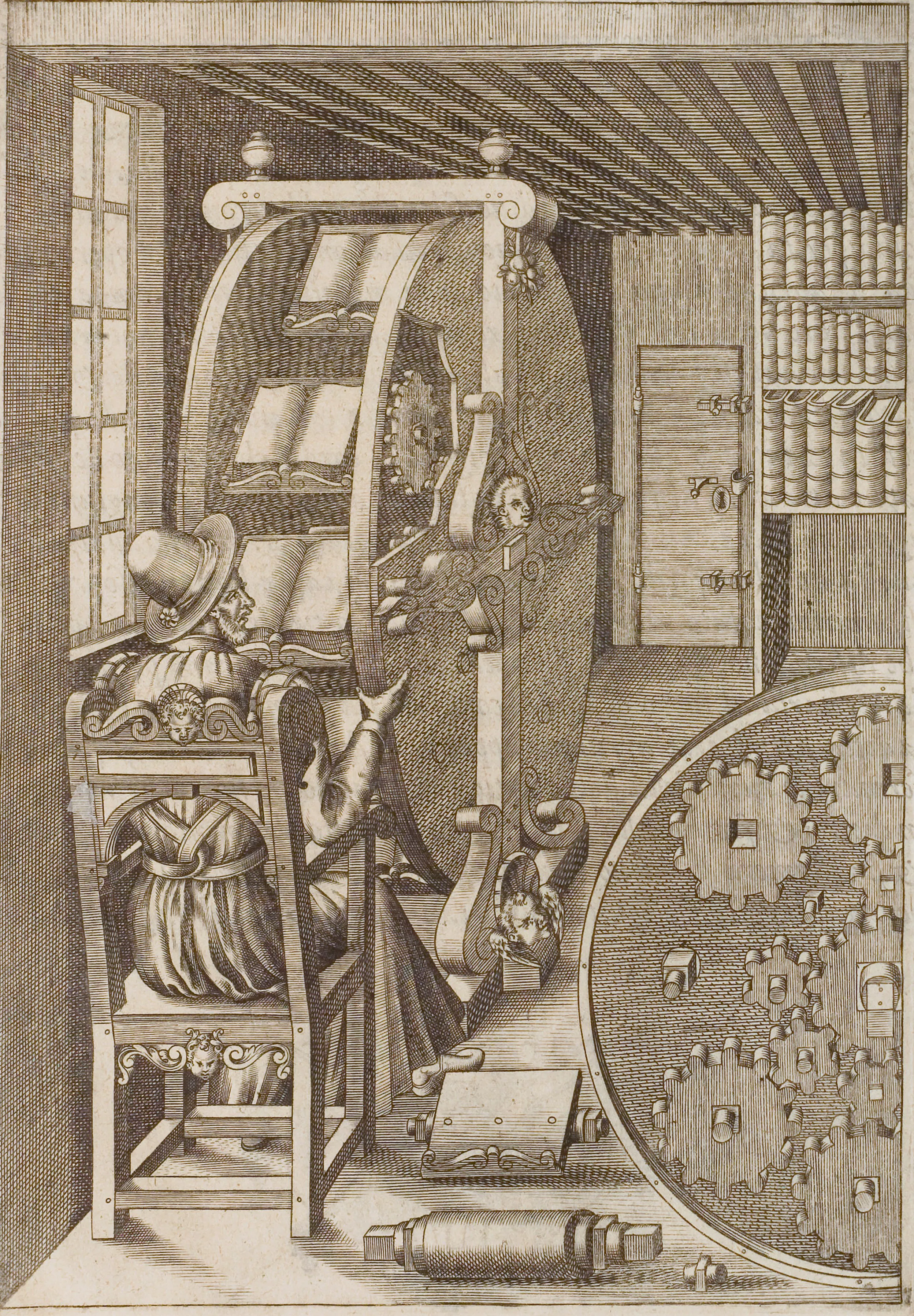 Ramelli's bookwheel, from Le diverse et artificiose machine: an imaginary machine that held a dozen open books at once and turned them sequentially past the reader's gaze