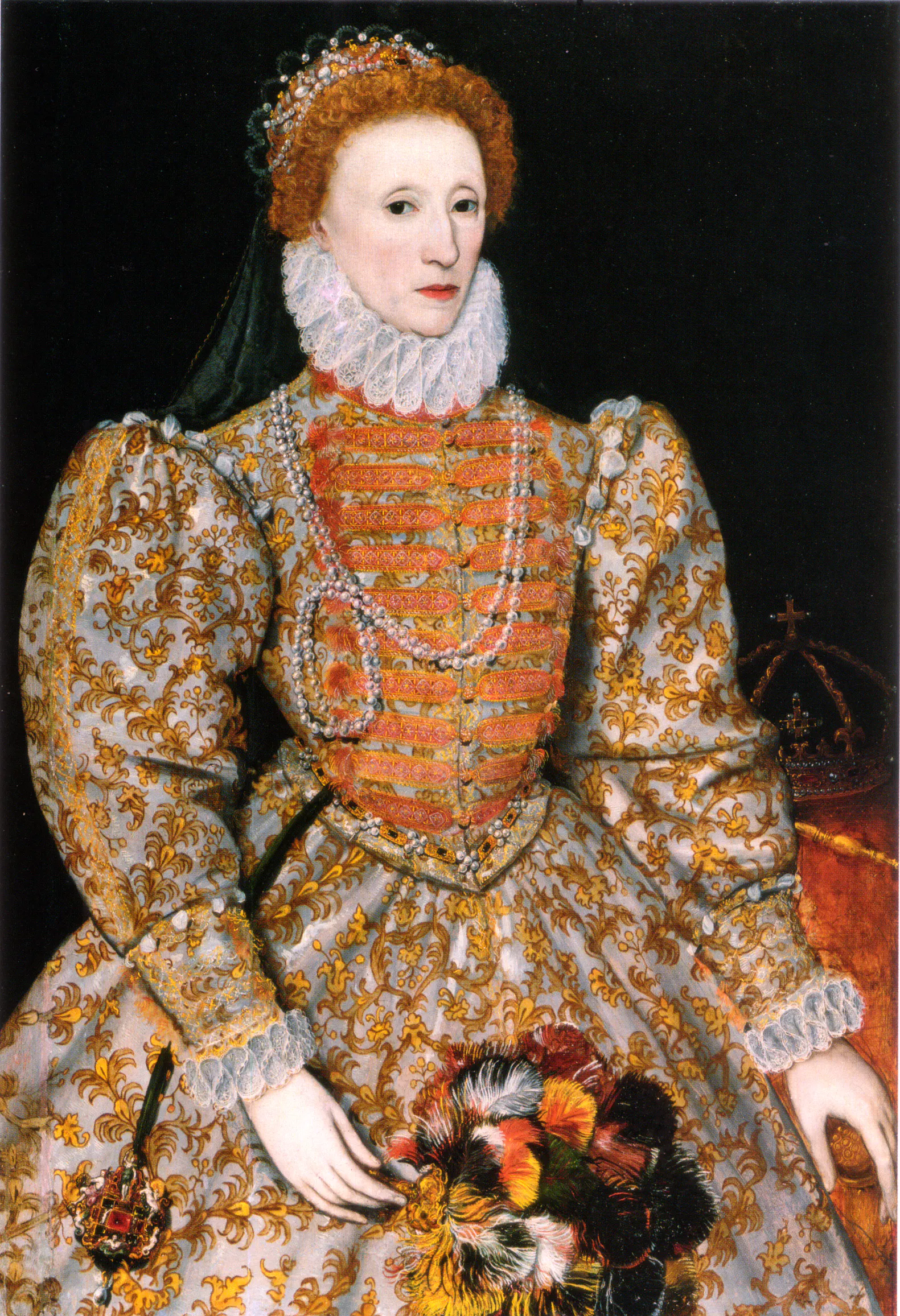 The Darnley Portrait presents Elizabeth I in the controlled courtly image that later supplied the "Mask of Youth," making visible the sovereign authority Loccenius could invoke while declining to pronounce his own verdict in the Grotius–Selden dispute. Even with its once-crimson colors now faded toward orange and brown, the portrait's formal composure suits the juridical role assigned to Elizabeth: a monarch whose diplomatic reply could stand as precedent against Spanish claims to closed seas.