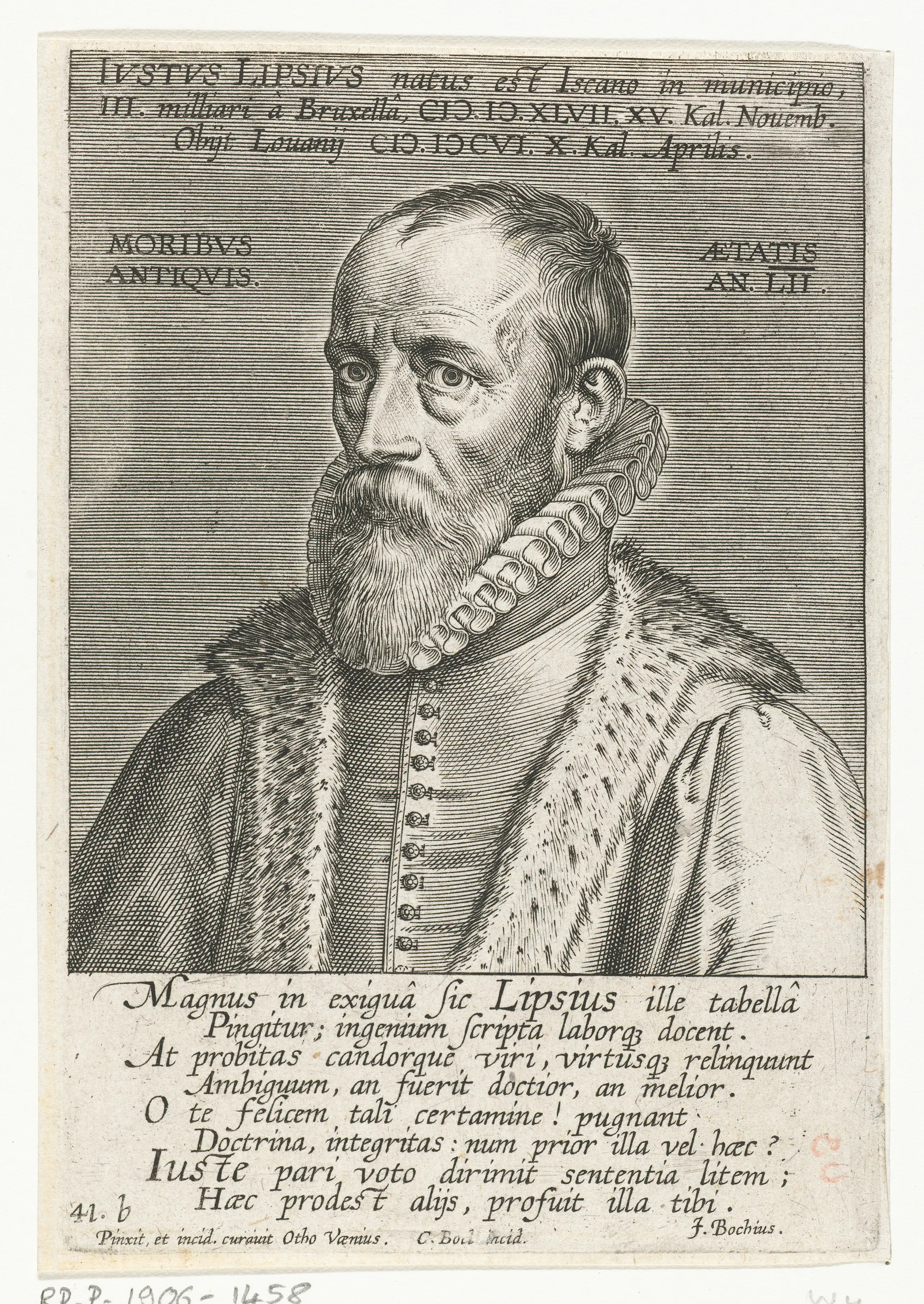 Cornelis Boel's engraved portrait of Justus Lipsius, after Otto van Veen, gives a face to the Louvain humanist whose chair of eloquence Puteanus inherited. The composed, authoritative likeness suits the Lipsian *paradoxologia*: not reckless contrarianism but elegant argument against common opinion as an exercise in moral and intellectual training.