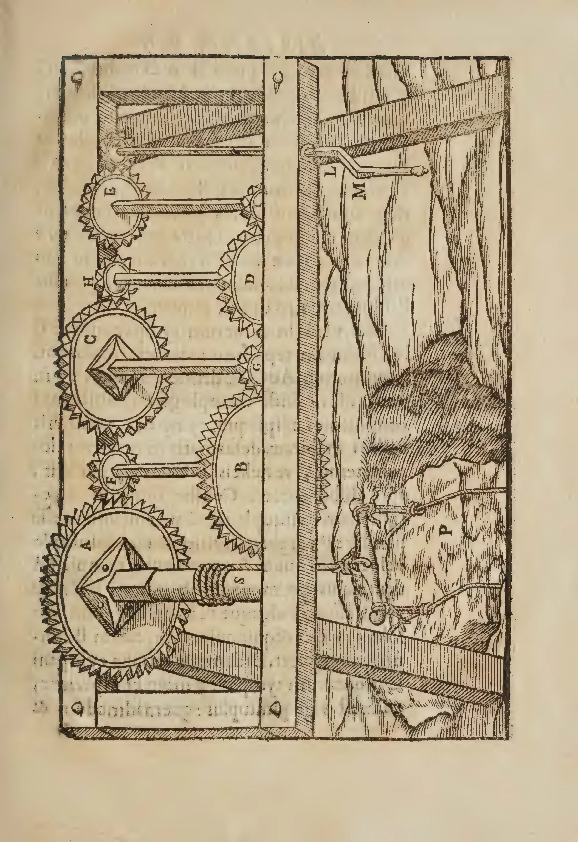Paired woodcut panels turn Casati's mechanical claim into visual arithmetic. At left, lettered toothed wheels mesh in sequence, each stage compounding the last; at right, ropes and tackle address a massive natural load, resting the vindication of Archimedes on the organized multiplication of small powers.