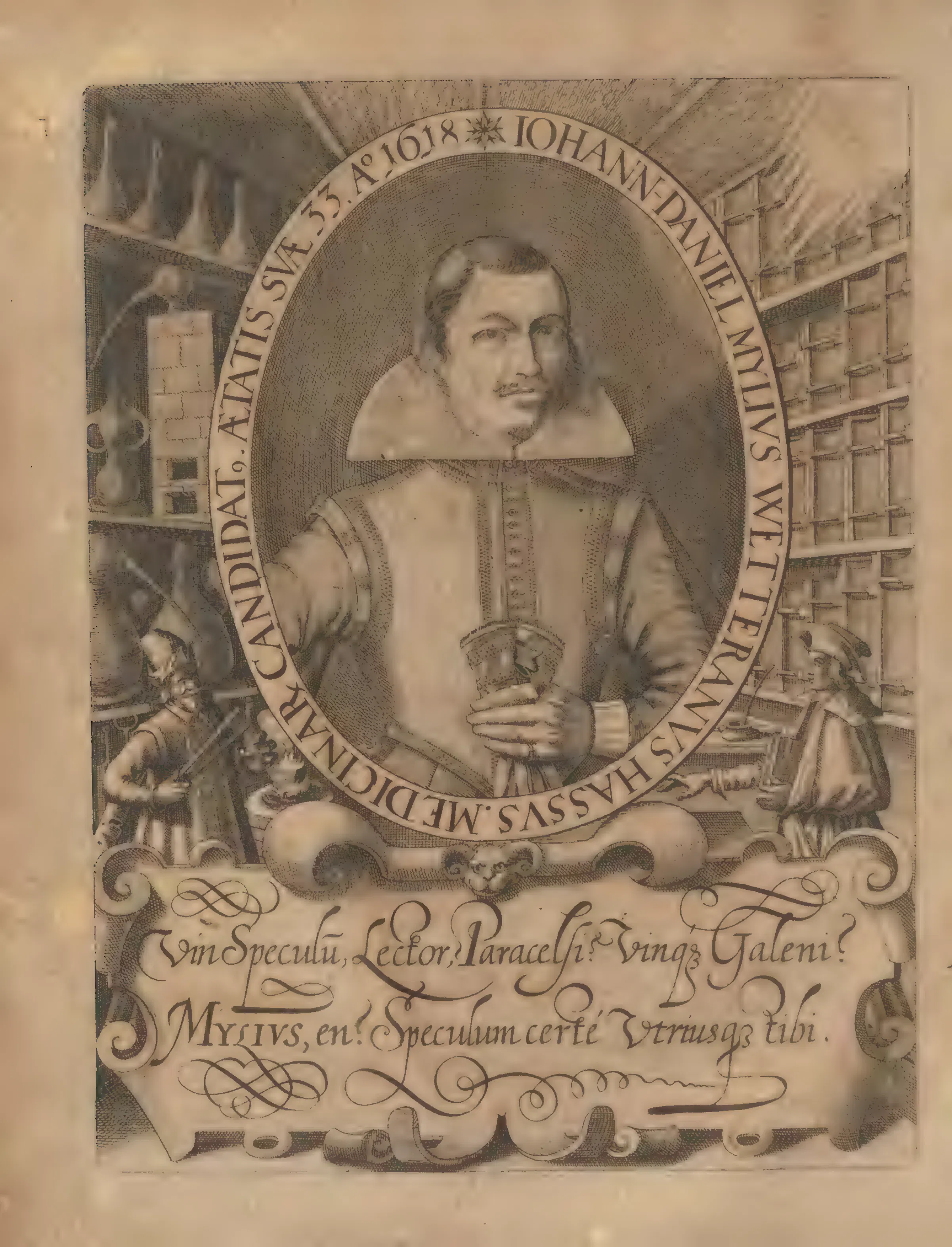 Mylius's engraved author portrait, showing the young medicinae candidatus, aged thirty-three in 1618, among furnace, still, and shelves of vessels.
