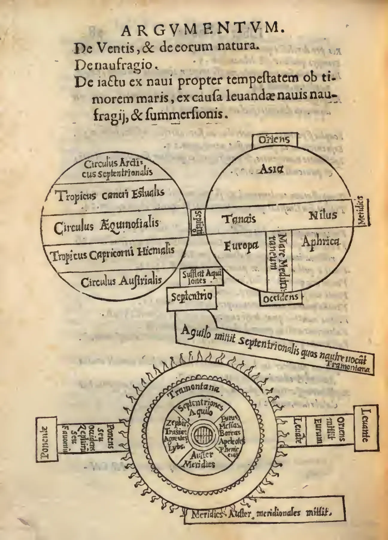 Book VIII's printed argumentum is accompanied by three woodcut schematics: celestial zones, a Mediterranean-centred world division and a wind rose pairing classical wind names with sailors' vernacular terms. The pairing anticipates Book IX's tension, in which seamanship is acknowledged but set within humanist cosmology.