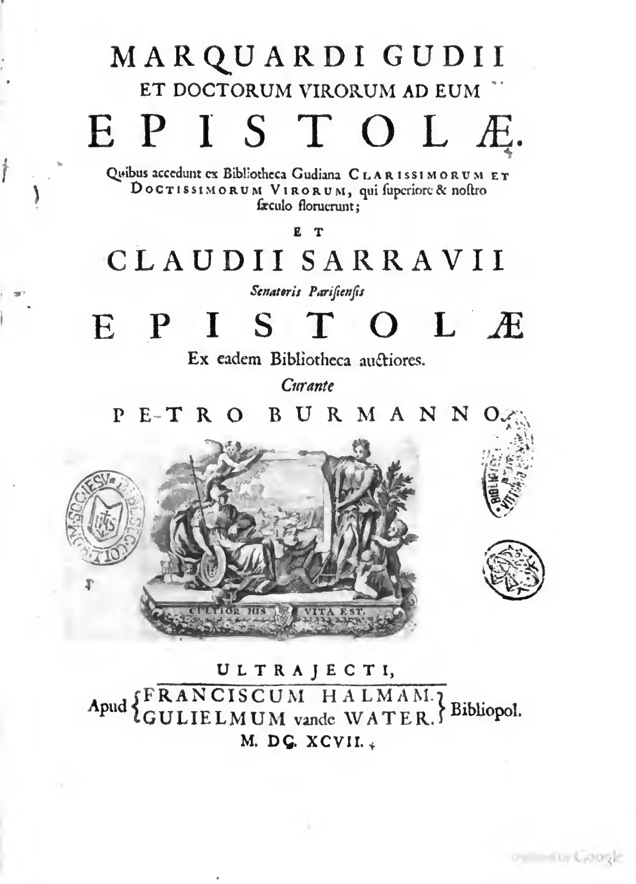 The title page's hierarchy of roman and italic display type gives separate prominence to the Gude and Sarrau epistolary collections.