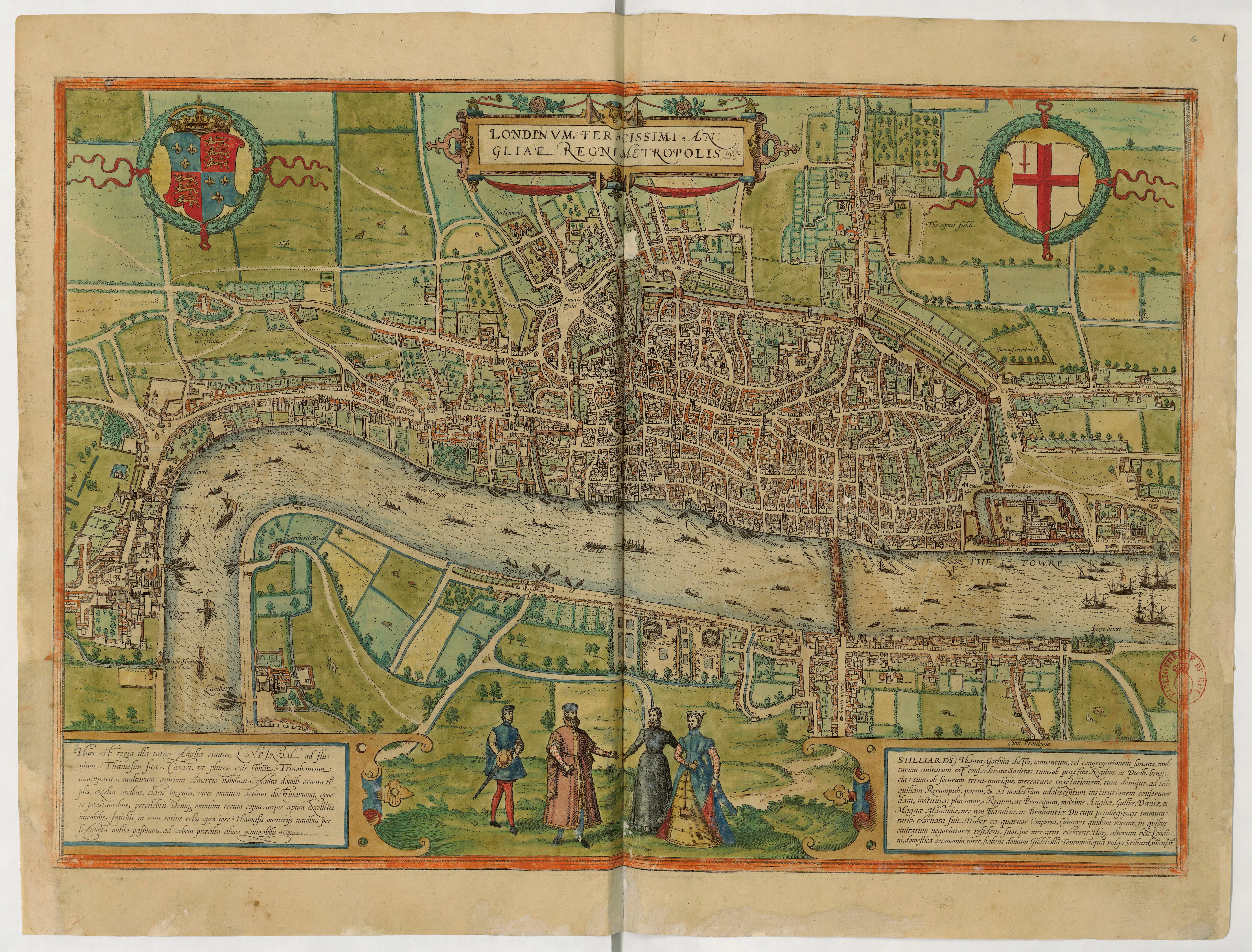 Braun and Hogenberg's engraved view of London evokes the metropolis named in Johnson's imprints — “Londini,” G. D., L. Sadler, William Nealand — rather than the *Lexicon* itself. The panorama supplies the setting for the catalogued 1652/1653 and 1657 witnesses that root the lexicon in the capital's book trade.
