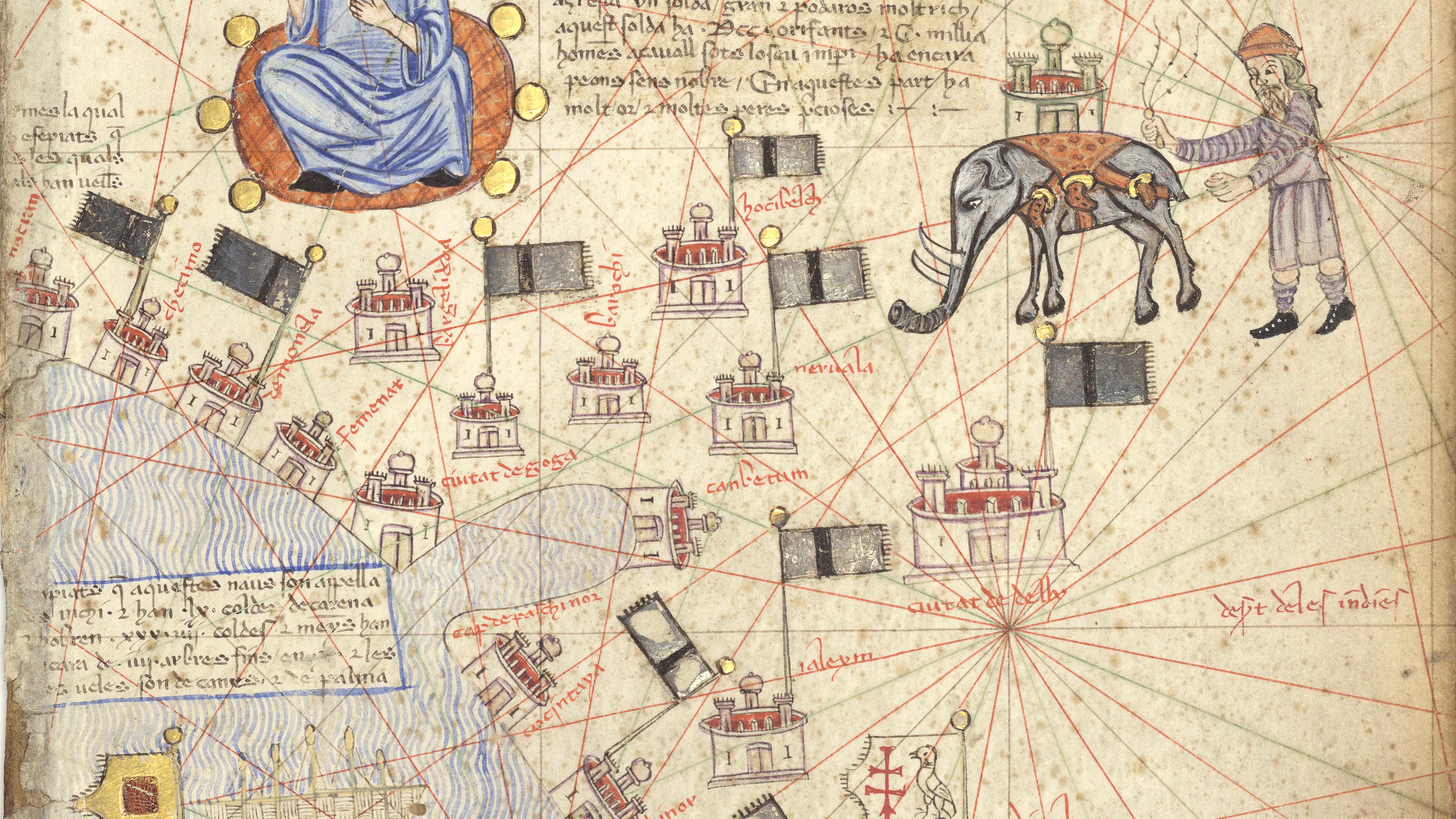 Detail from the Catalan Atlas, c. 1375, showing the Sultan of Delhi (top) and the king of Vijayanagar (bottom). Compiled in Majorca by Cresques Abraham from merchants' reports, travellers' tales and older maps, it gathered a world never before seen in a single view