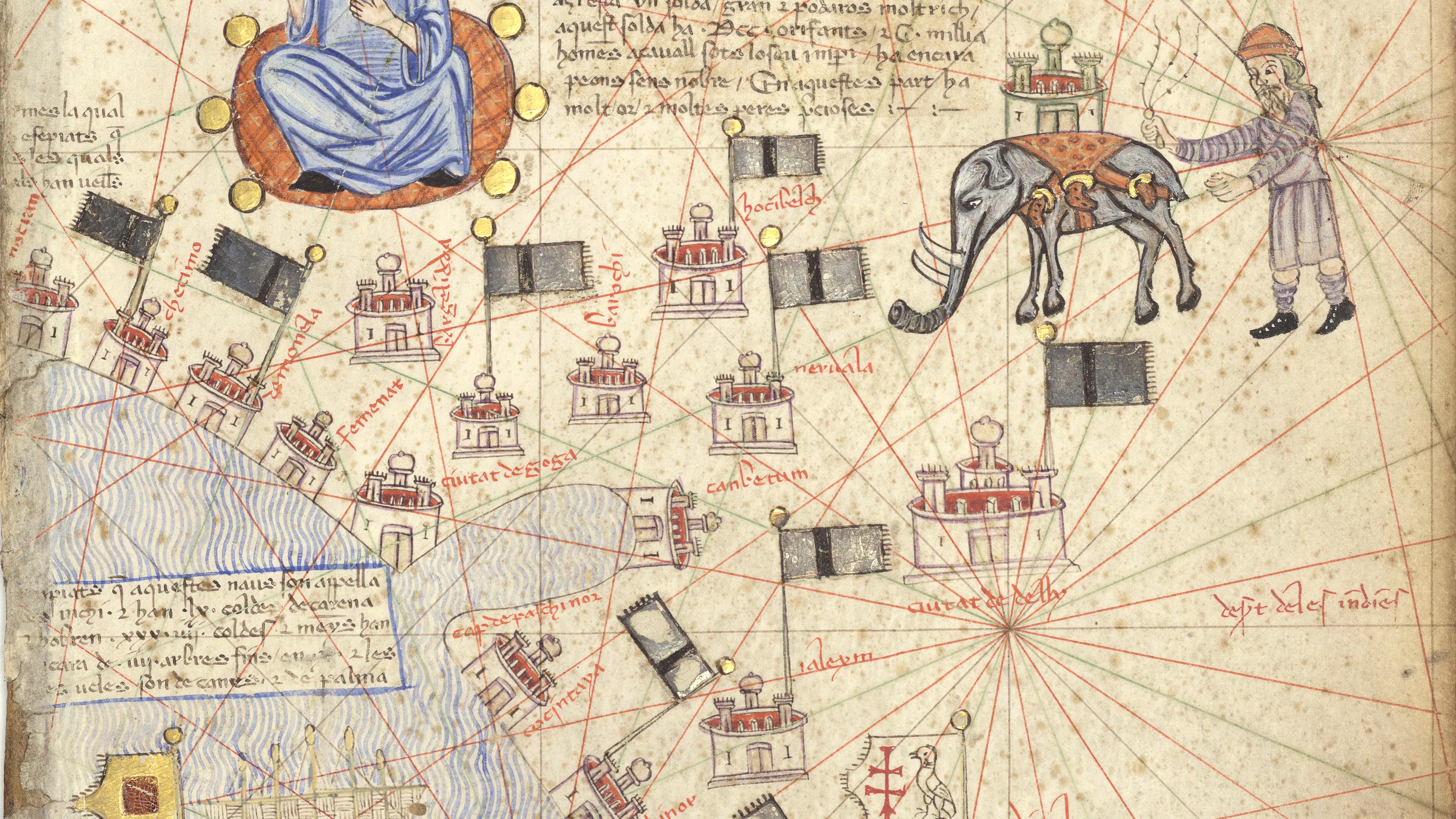 Detail from the Catalan Atlas, c. 1375, showing the Sultan of Delhi (top) and the king of Vijayanagar (bottom). Compiled in Majorca by Cresques Abraham from merchants' reports, travellers' tales and older maps, it gathered a world never before seen in a single view