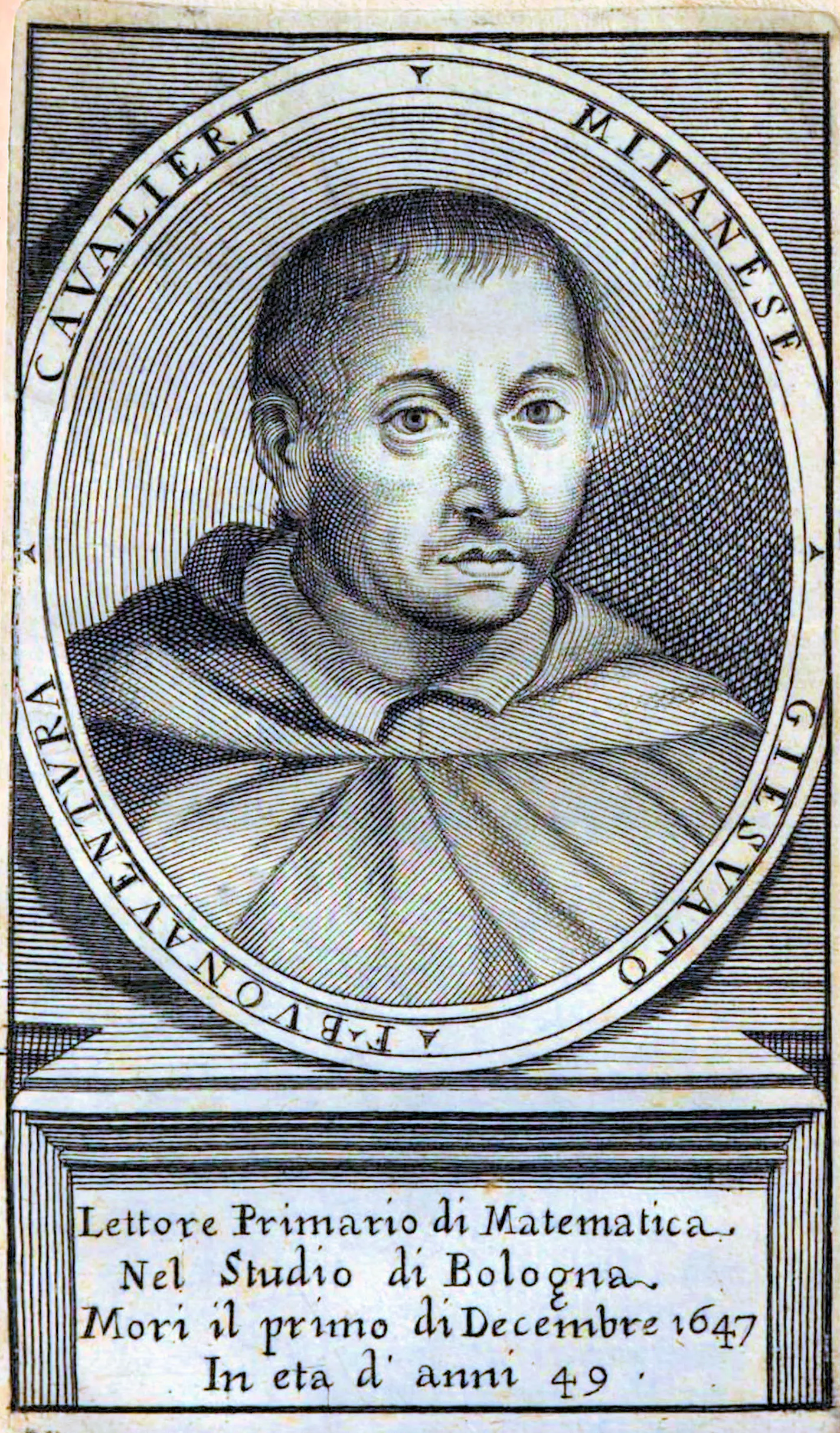 An engraved portrait of Bonaventura Cavalieri, whose method of indivisibles Ceva's geometrical appendix extends through radial indivisibles. Even as the collection turns toward water, the appendix carries forward this Galilean-era demonstrative geometry.