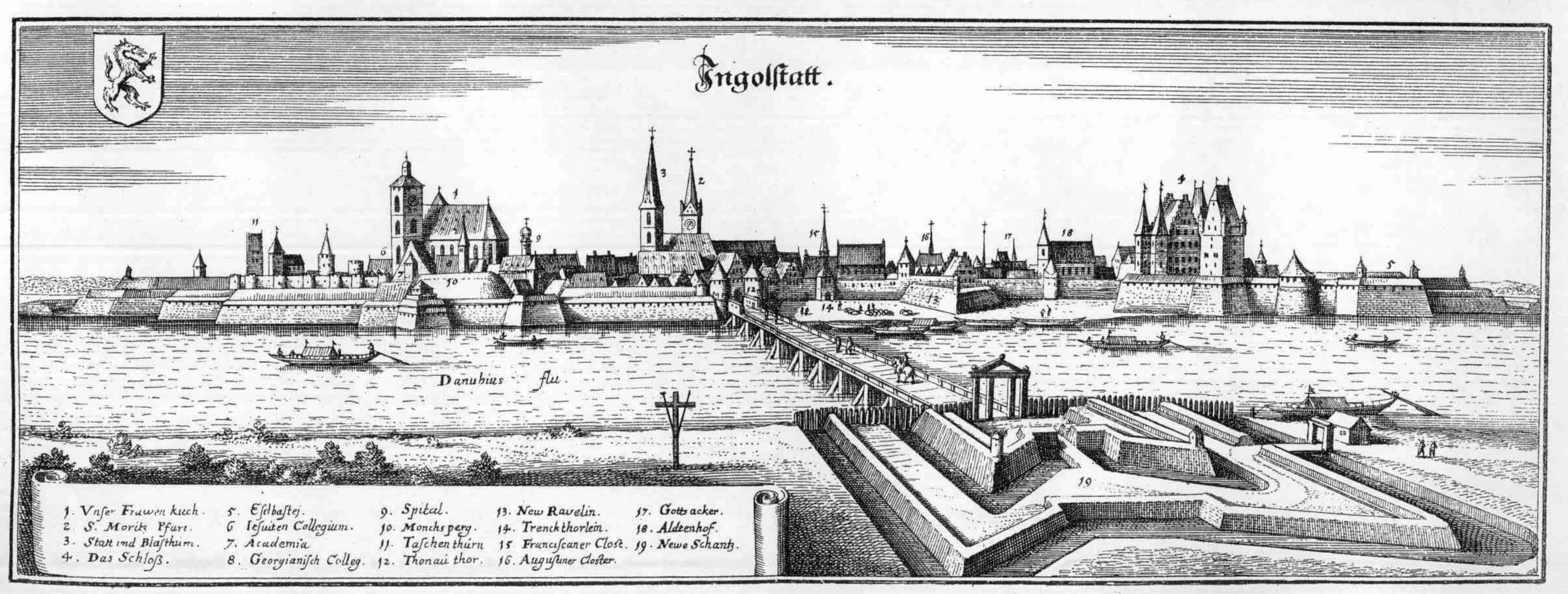 Merian’s seventeenth-century view of Ingolstadt shows the Bavarian university city where Haunold taught and his course was printed, its engraved key marking the Jesuit college and the academy. It illustrates the setting of the course, not a page of the work itself.