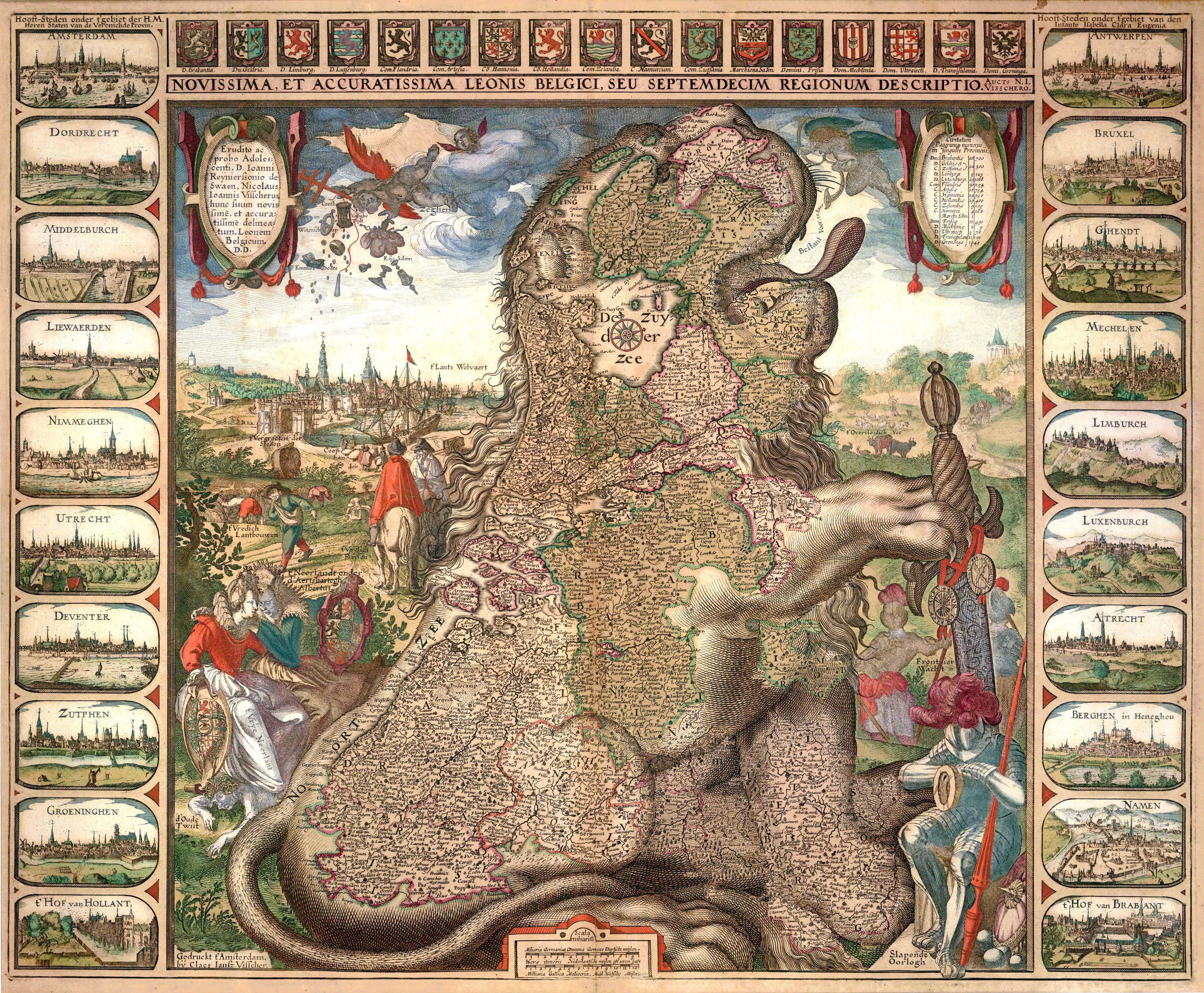 Visscher’s Leo Belgicus casts the seventeen provinces of the Low Countries as a single lion, an emblem of unity that still evokes a composite political geography. The same tension runs through the Batavian defence of the Revolt, which grounded liberty in the provincial States and their privileges.