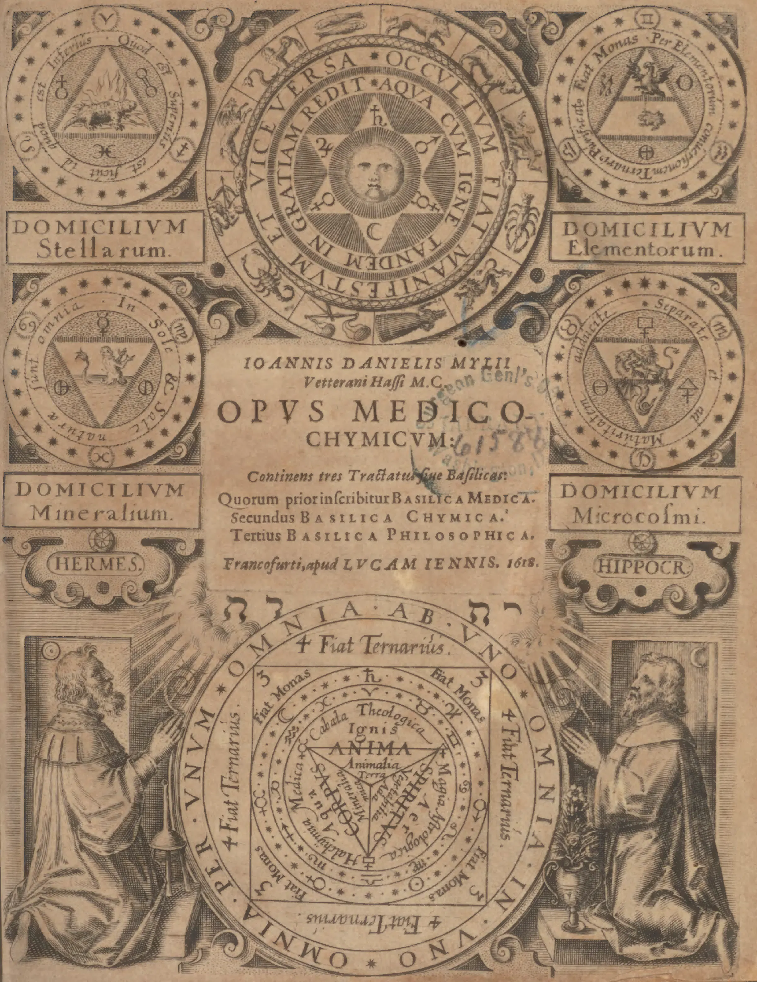 The engraved title page of Mylius's Opus medico-chymicum (Frankfurt: Lucas Jennis, 1618) fixes the medical-chymical opening volume in the Jennis shop, before the pars altera extended the work to 1630.