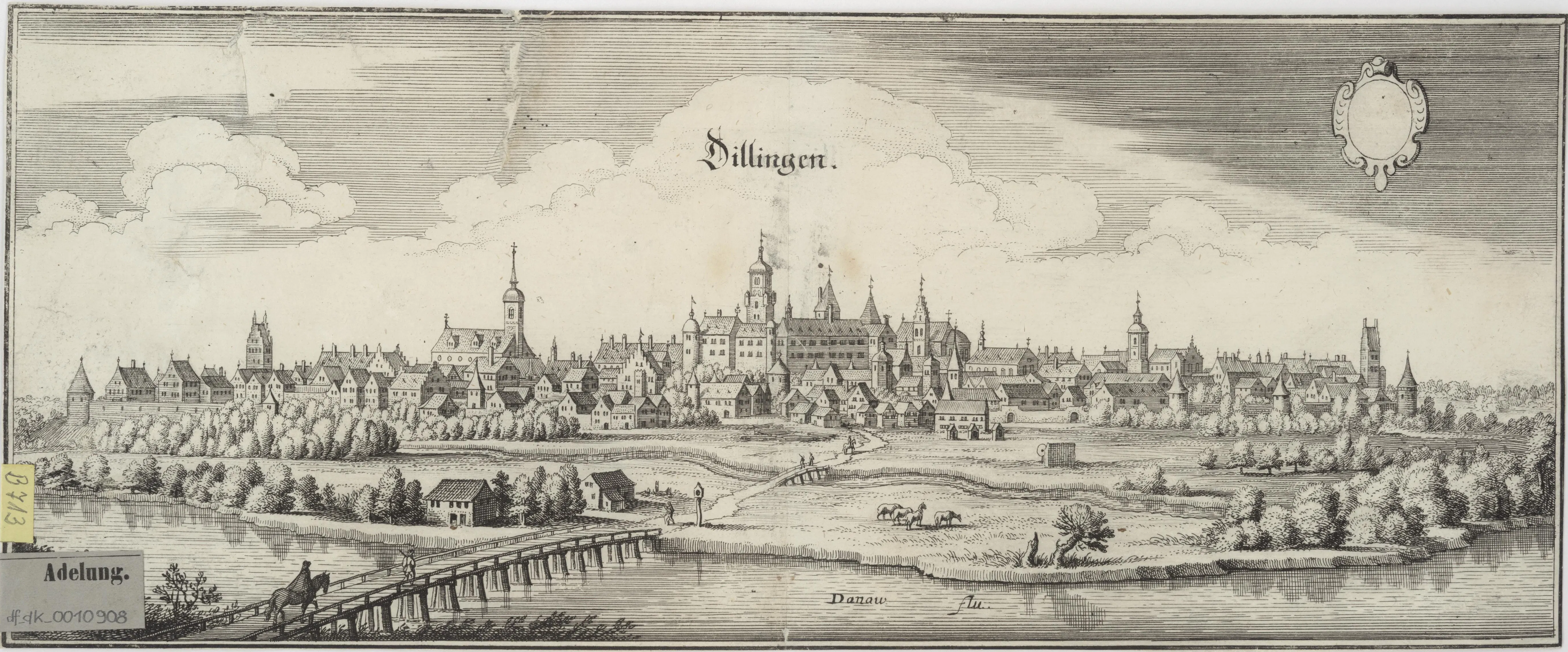 A c. 1650 view of Dillingen an der Donau, the academy town where Scheiner later recalled meeting the painter Georgius in 1603. It documents not the encounter but the setting: a Jesuit university town in which mathematics, teaching, and practical draughtsmanship met.